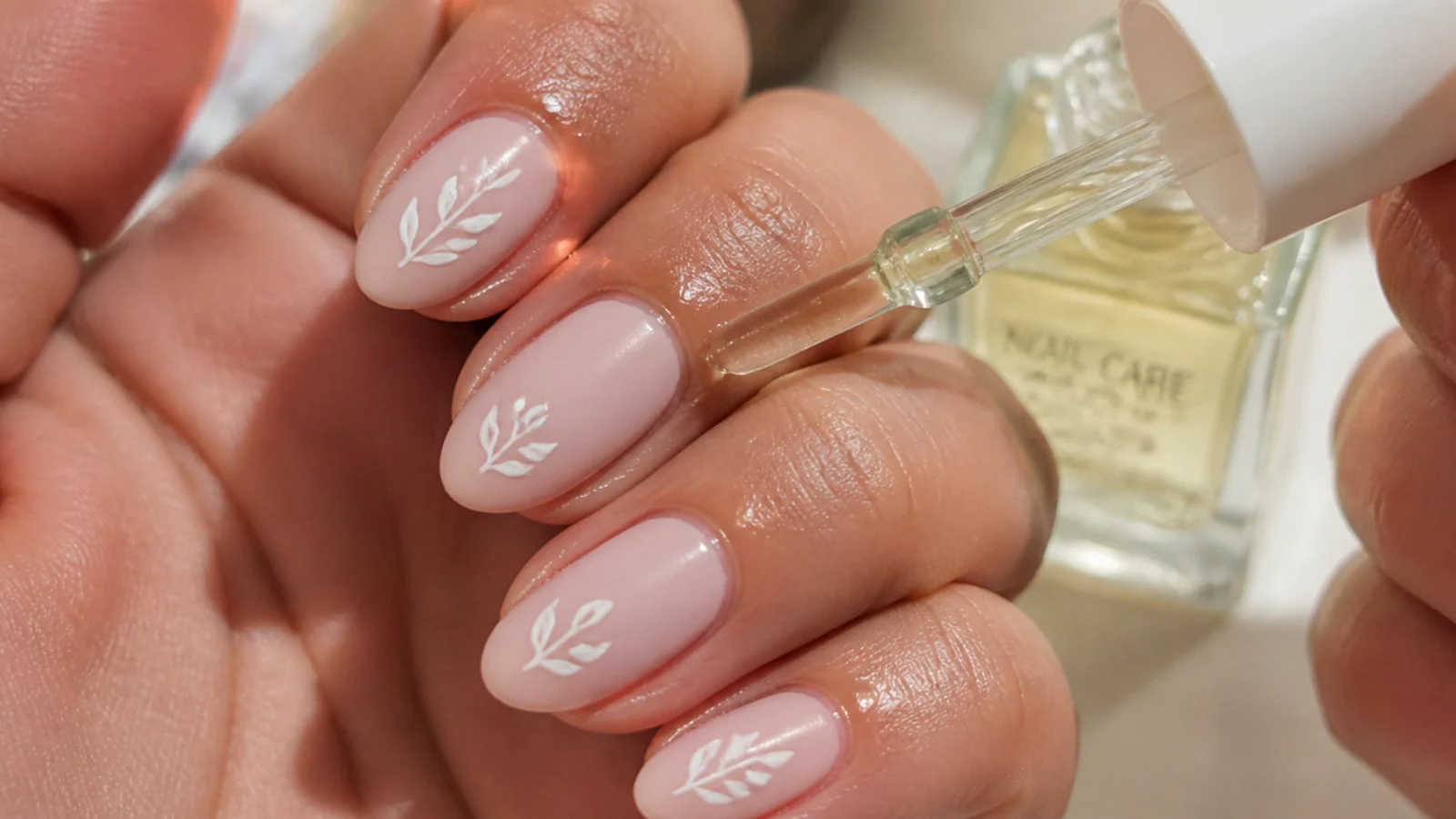 Cuticle oil applied around the nail edge to protect a matte finish