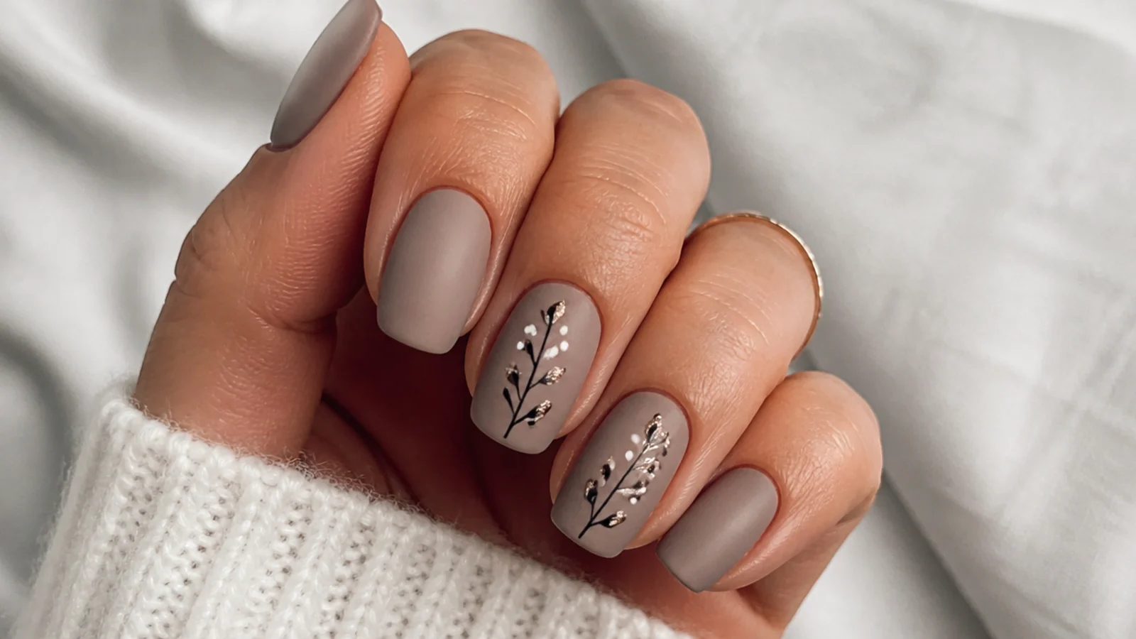 Warm taupe matte nude nails on a squoval shape