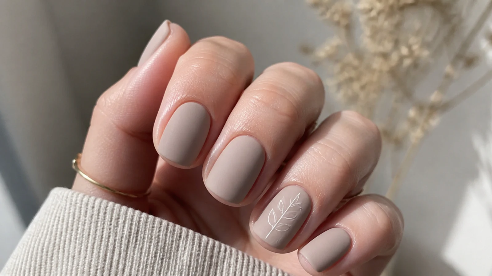 Soft greige matte nude nails on short squoval nails