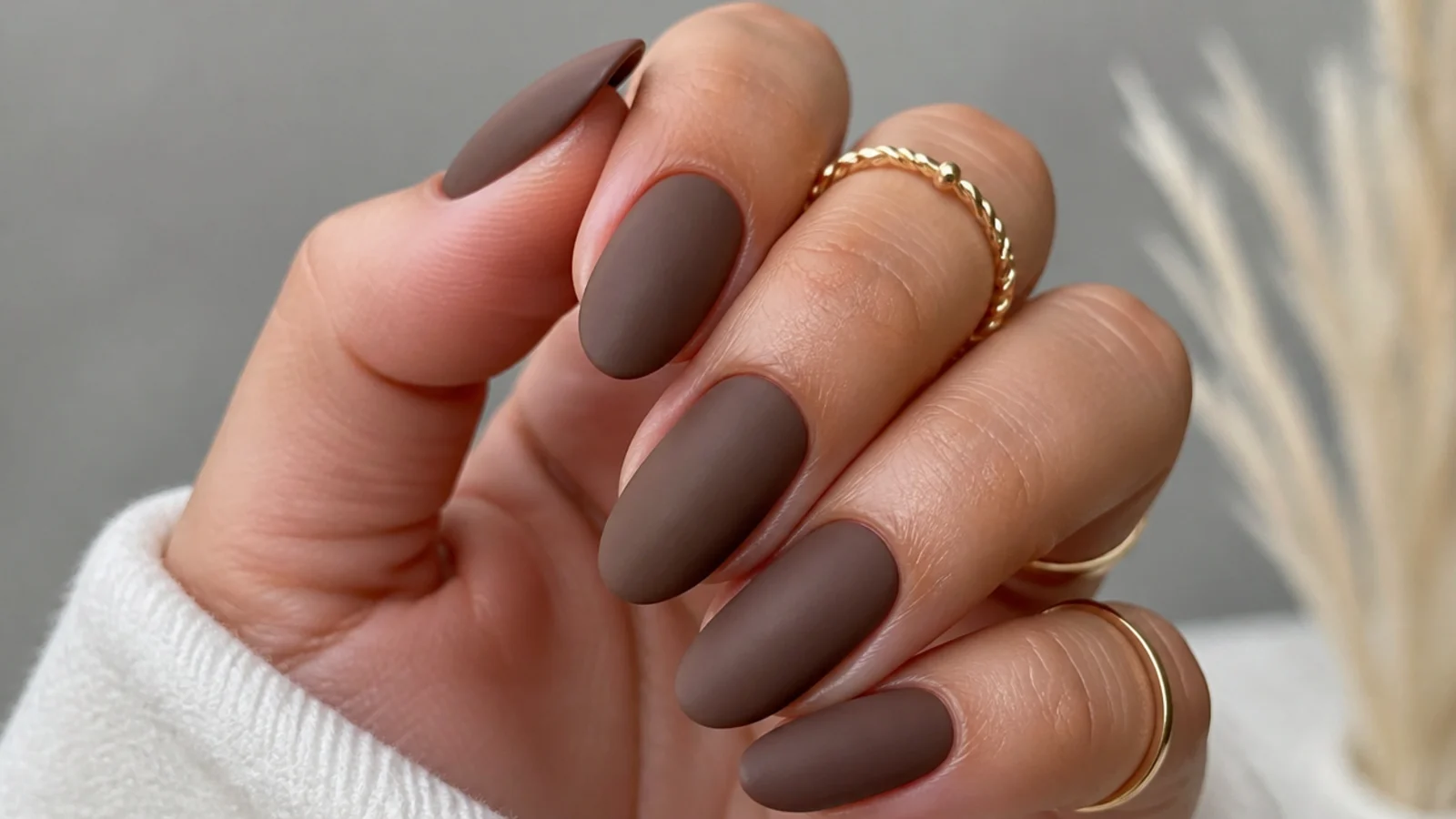 Warm mocha brown matte nails on almond nails