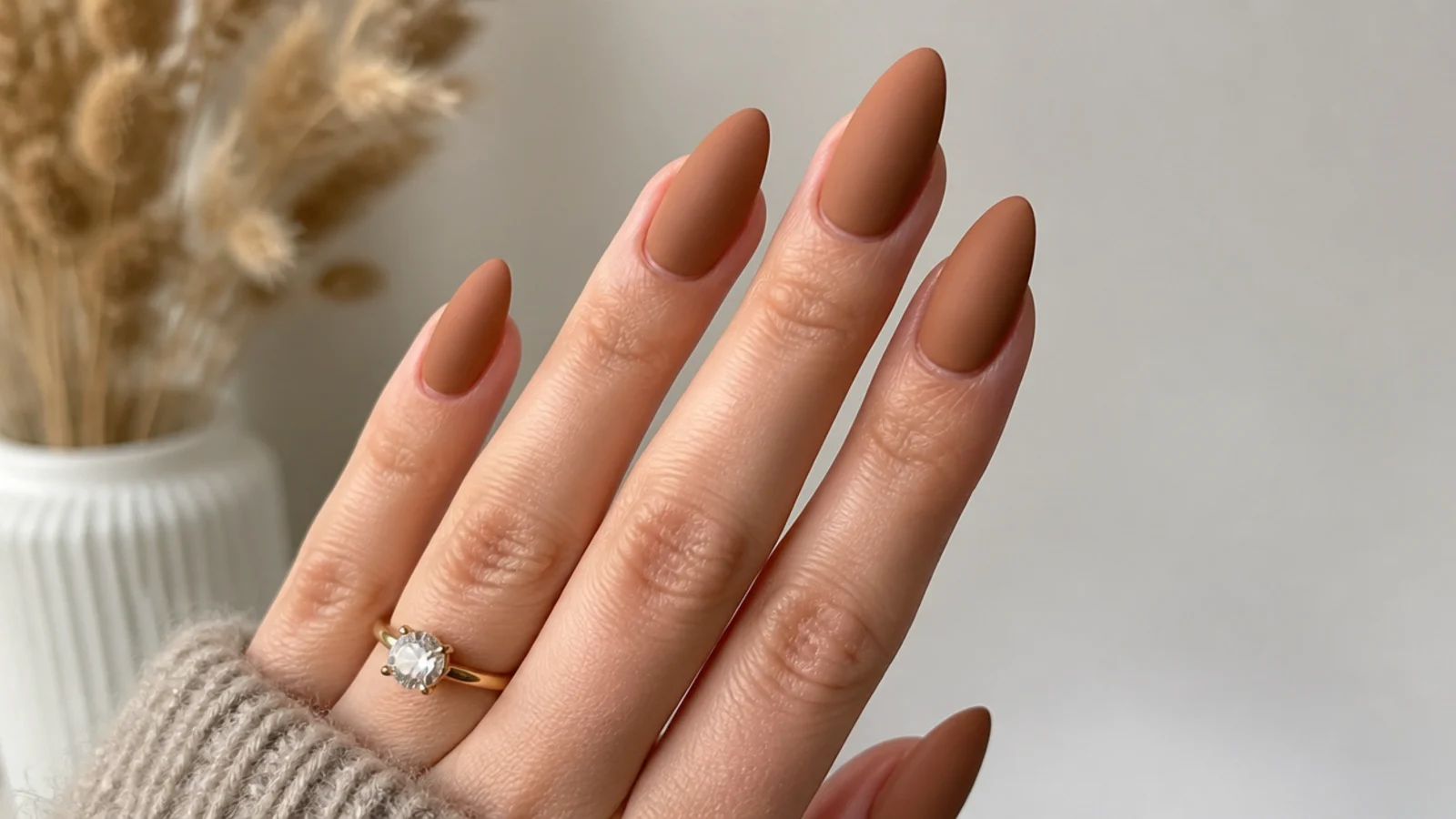 Warm caramel nude matte nails on almond shape