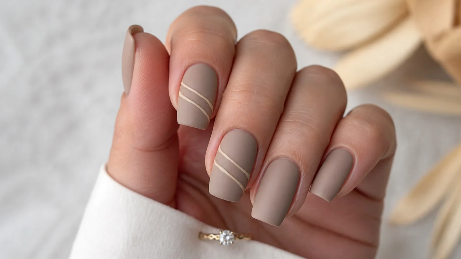 Warm sandy beige matte nails on squoval nails