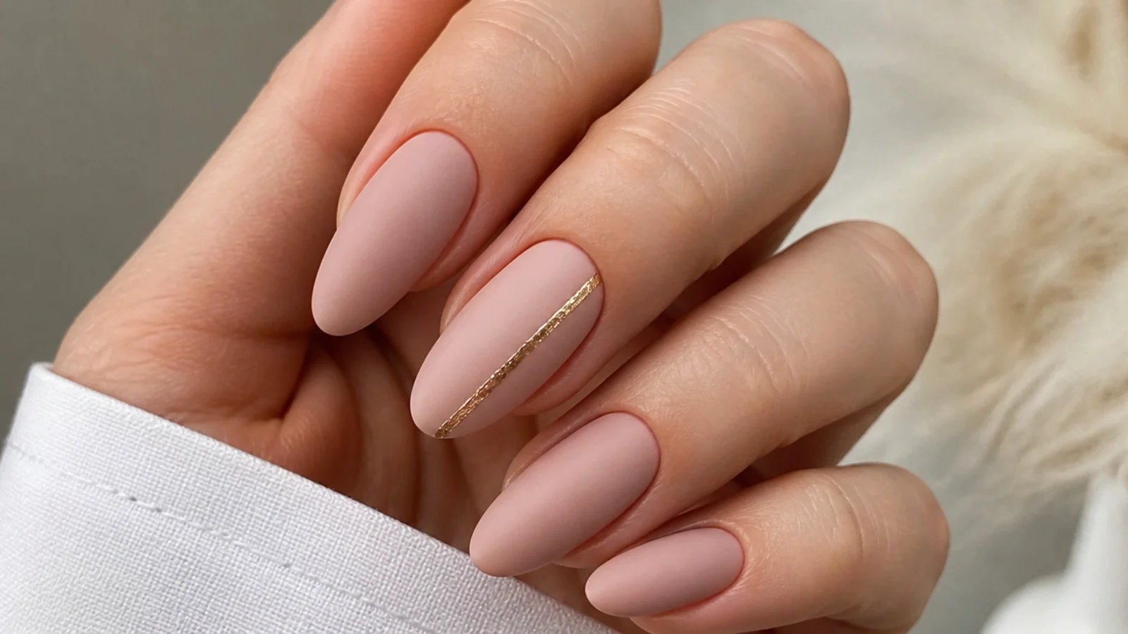 Matte nude nails with a single thin gold foil line accent
