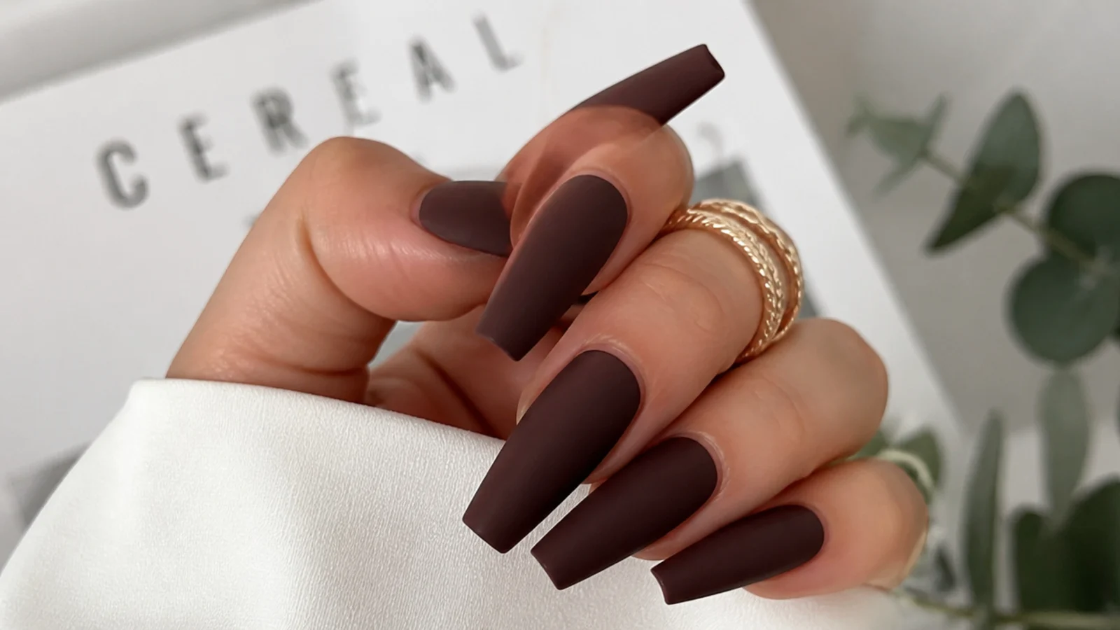 Deep espresso brown matte nails on coffin shape