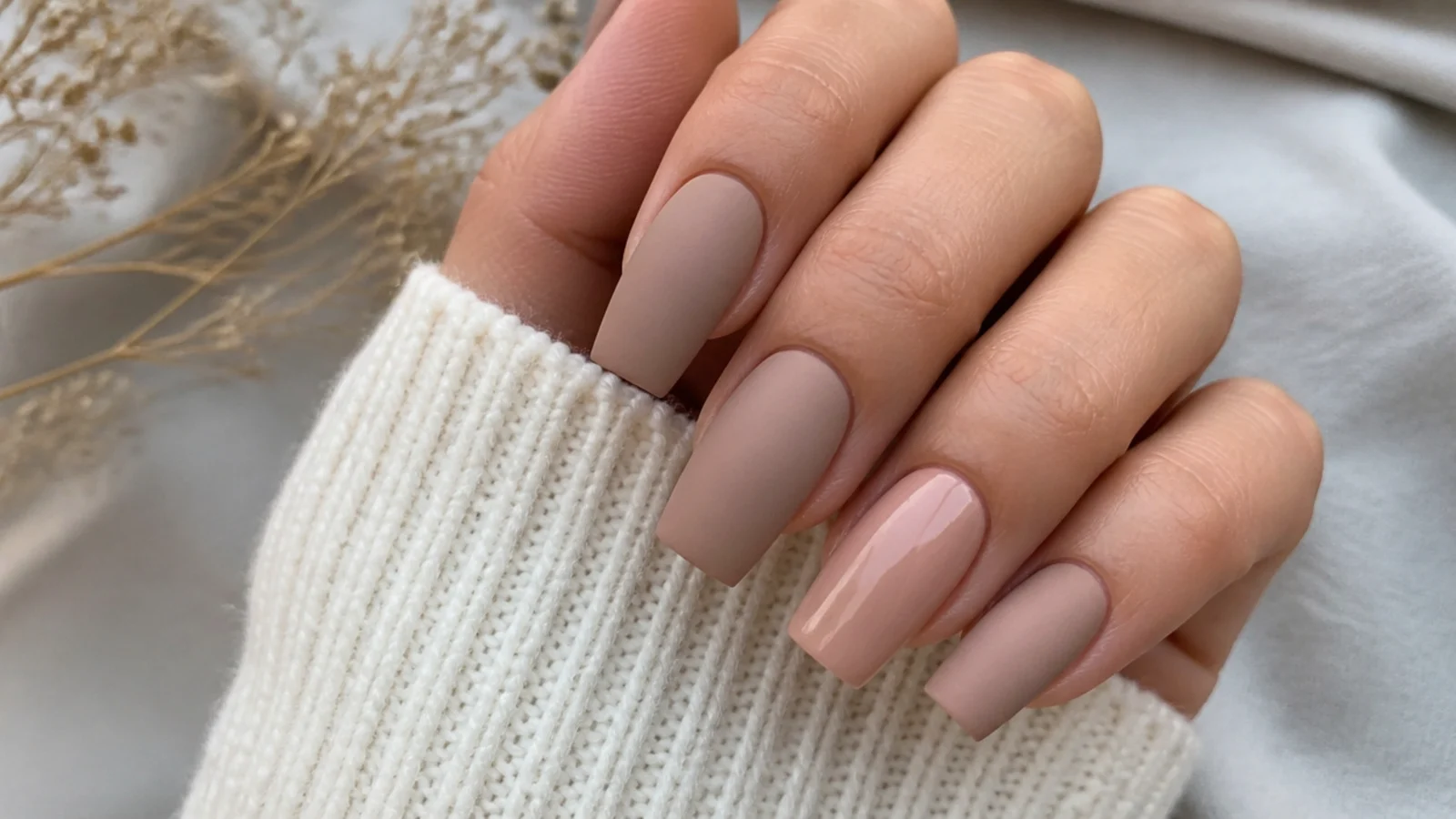Matte nude nails with one glossy nude accent nail