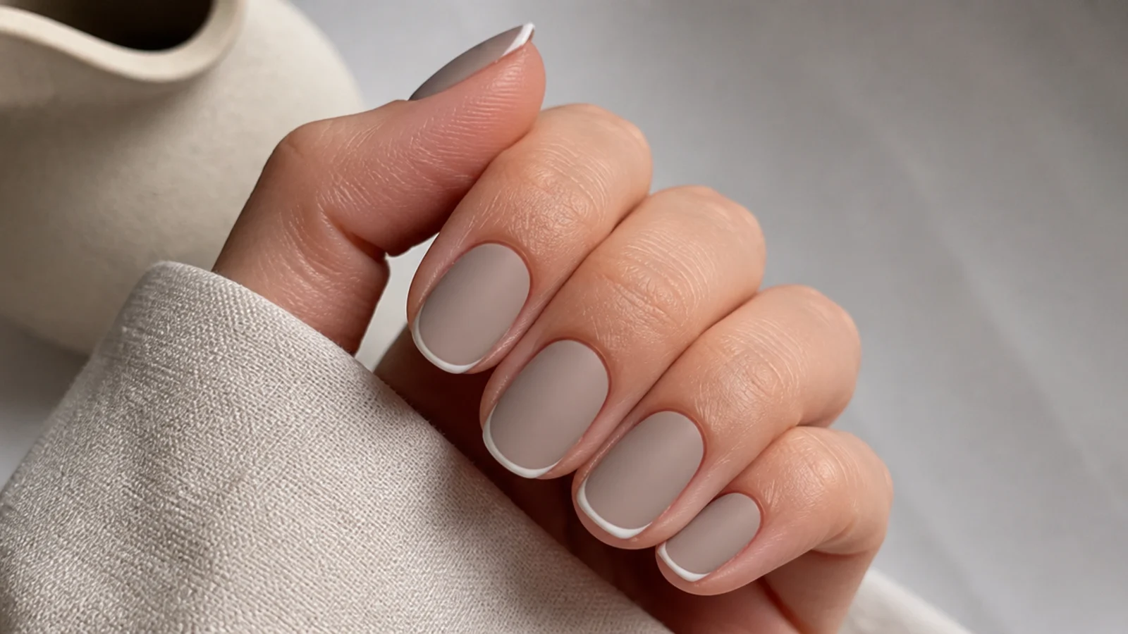Matte greige nails with a very thin micro French tip