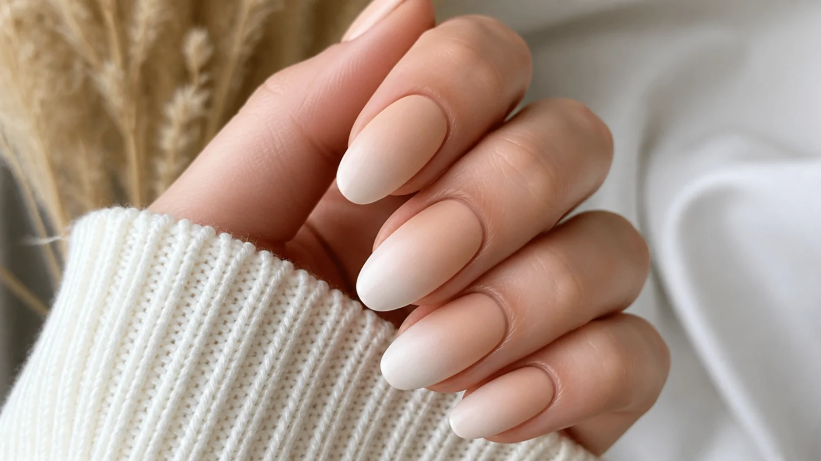 Matte nude ombre nails fading beige to soft white