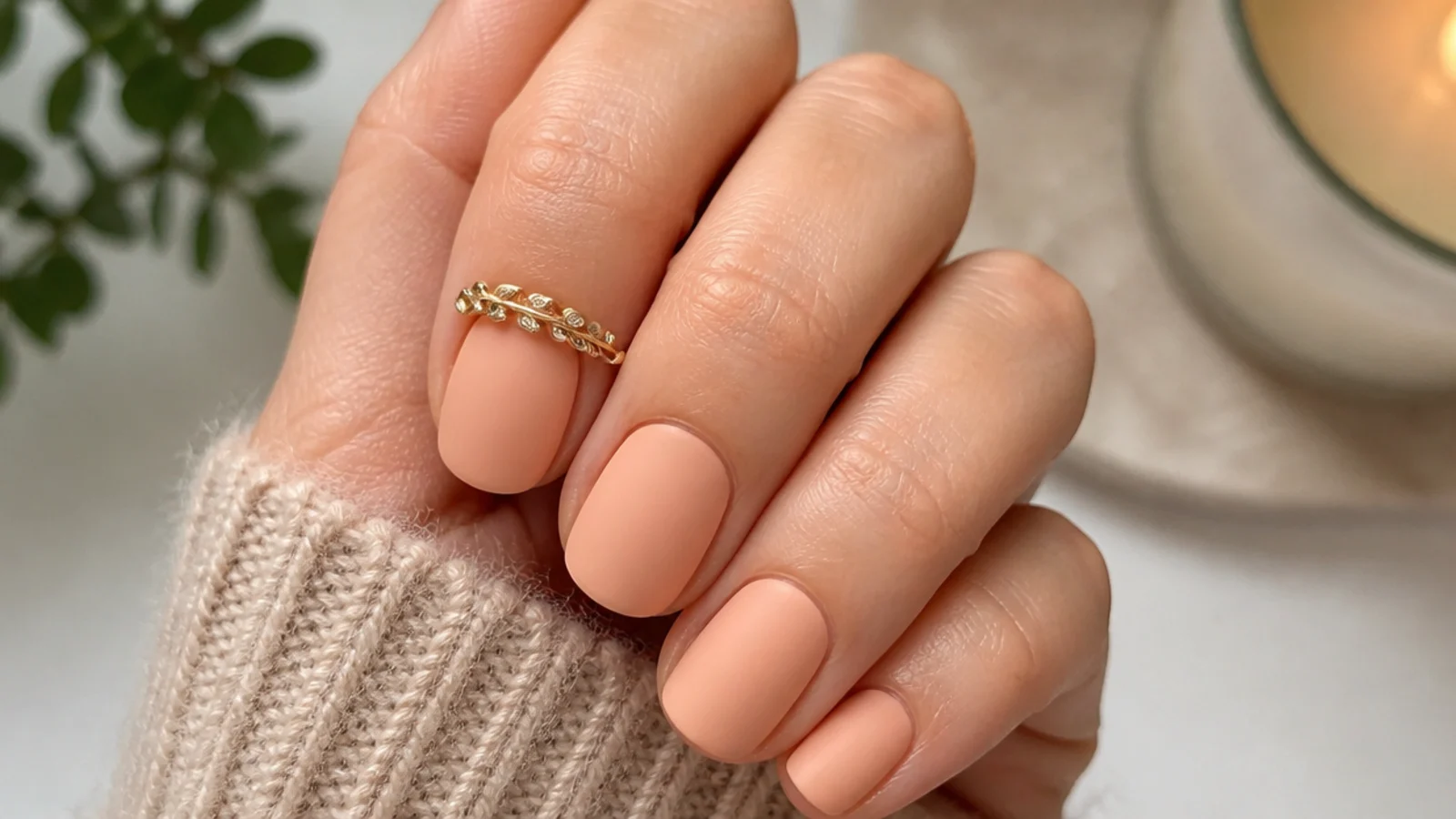 Soft peachy nude matte nails on rounded nails