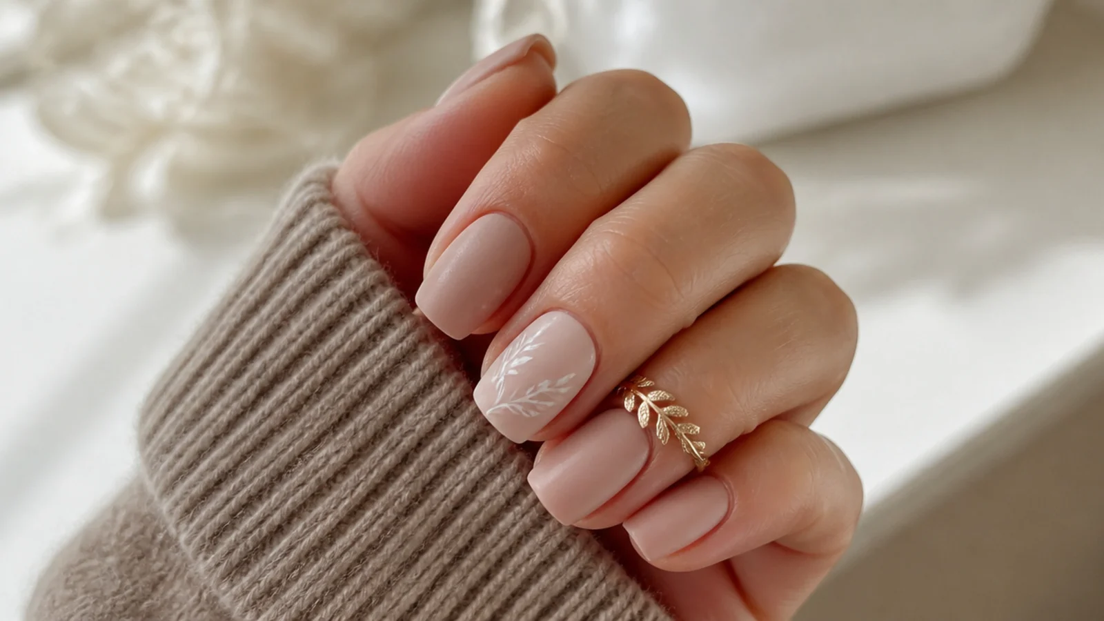 Short natural-length matte nude nails on squoval shape