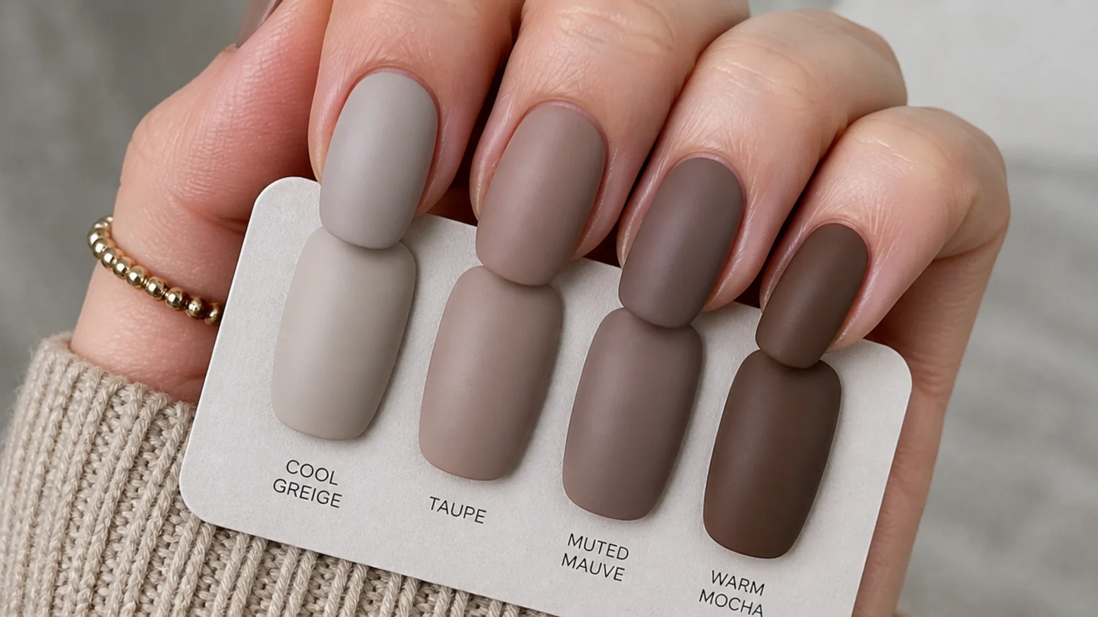 Four matte nude nail swatches from cool greige to warm mocha