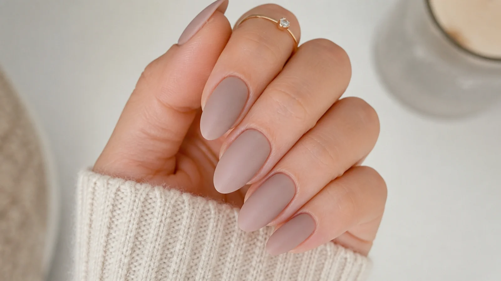 Soft matte nude nails in beige on an almond shape with a velvety finish