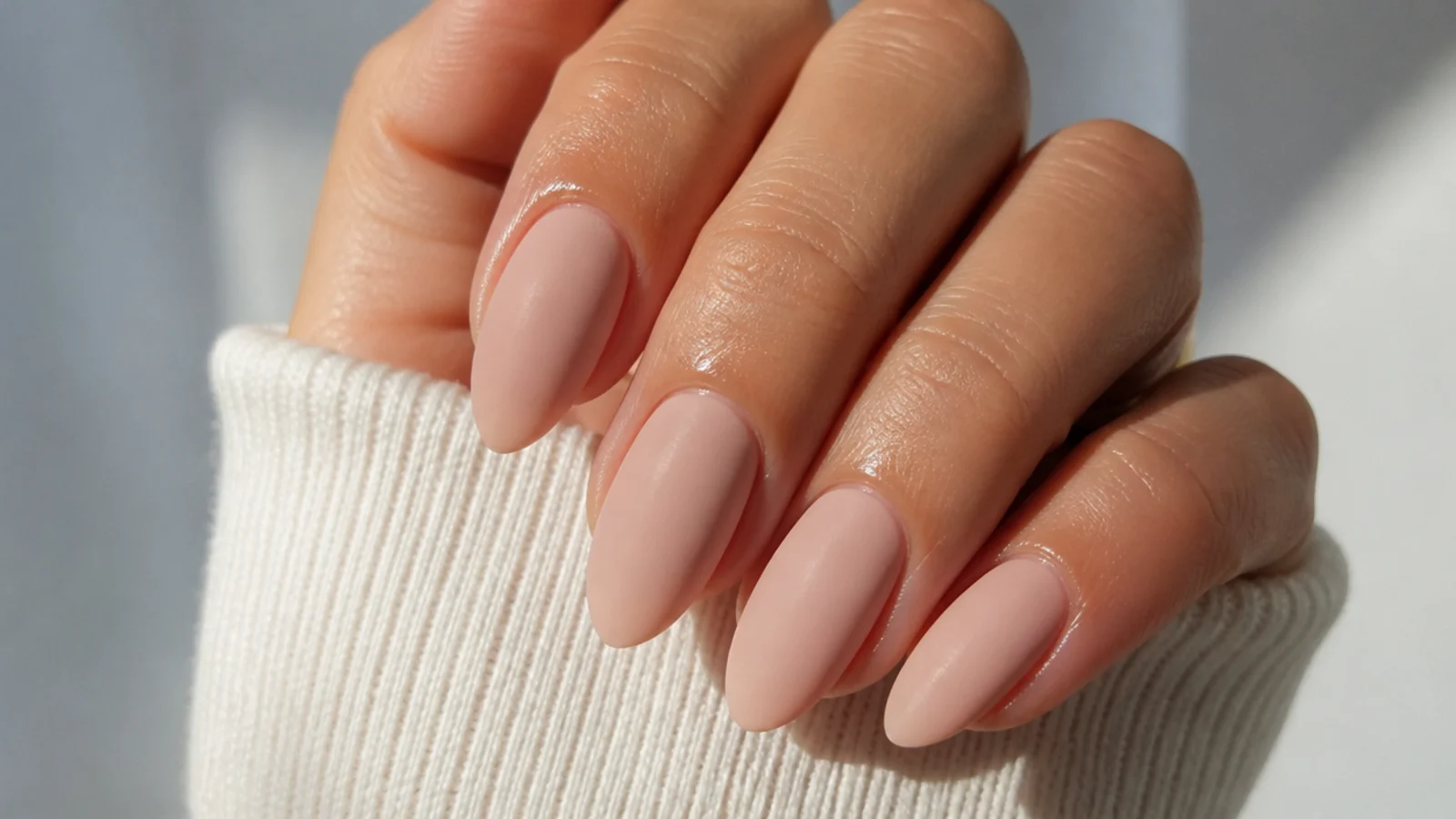 A well-kept matte nude manicure with cuticle oil at the cuticle