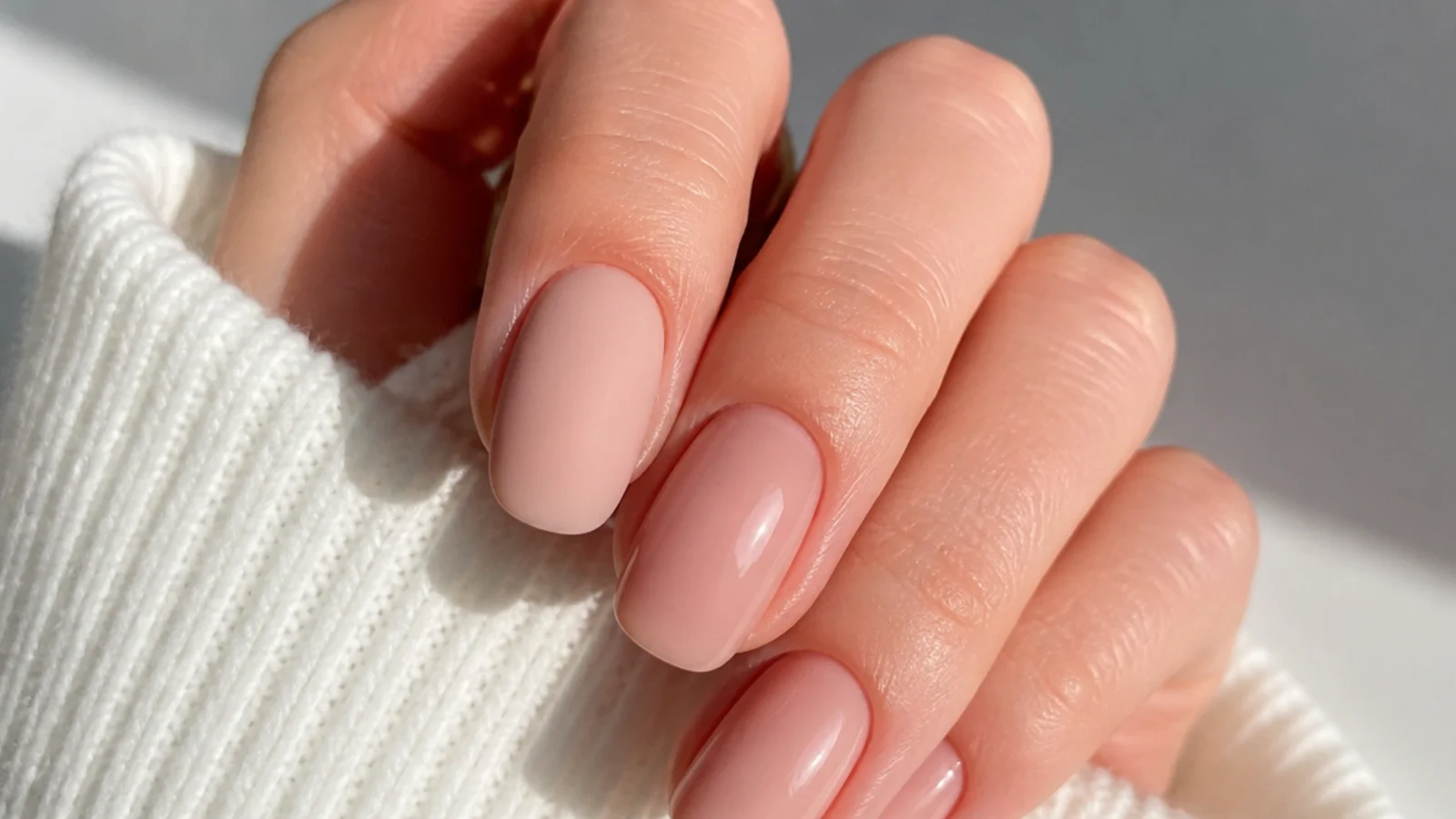 One matte nude nail beside one glossy nude nail for comparison