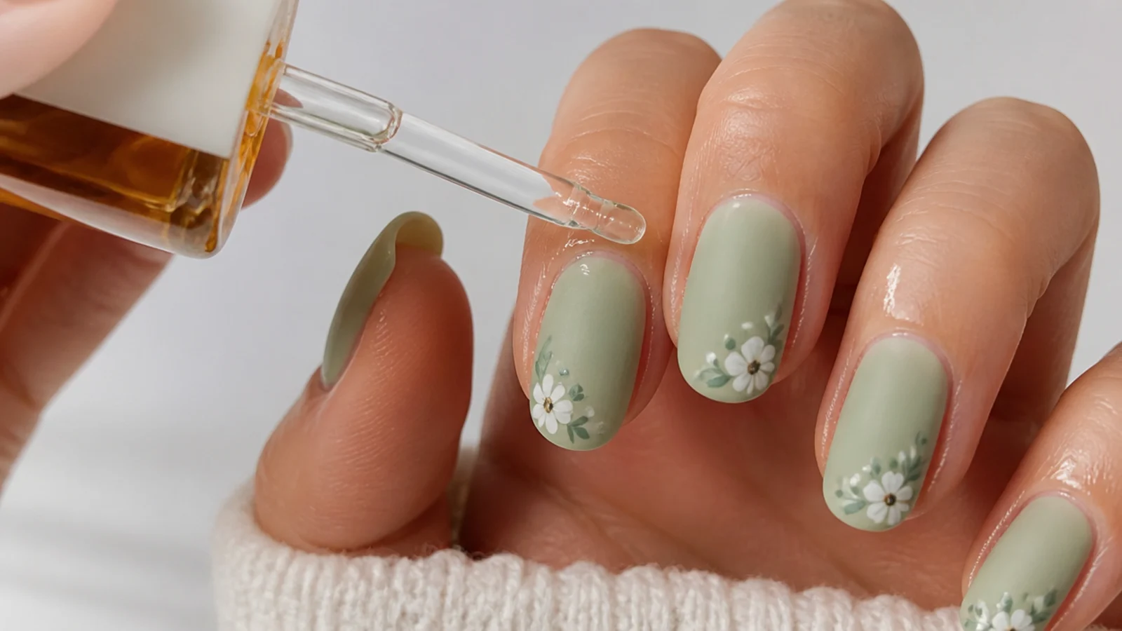 Cuticle oil being applied around the nail, not across the matte surface