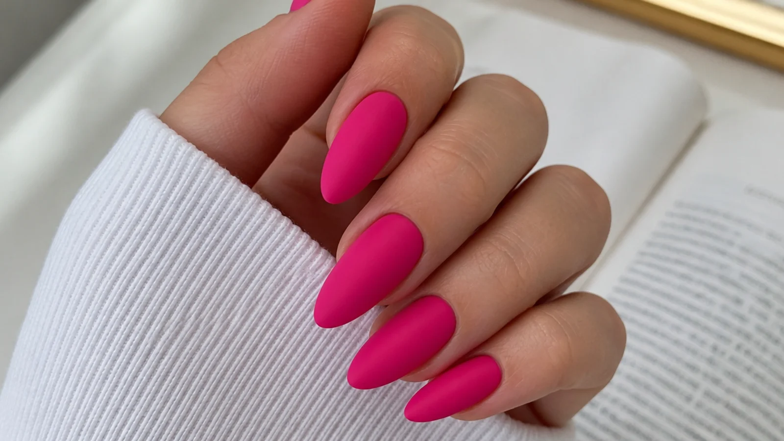 Bold hot pink matte nails with a velvety flat finish