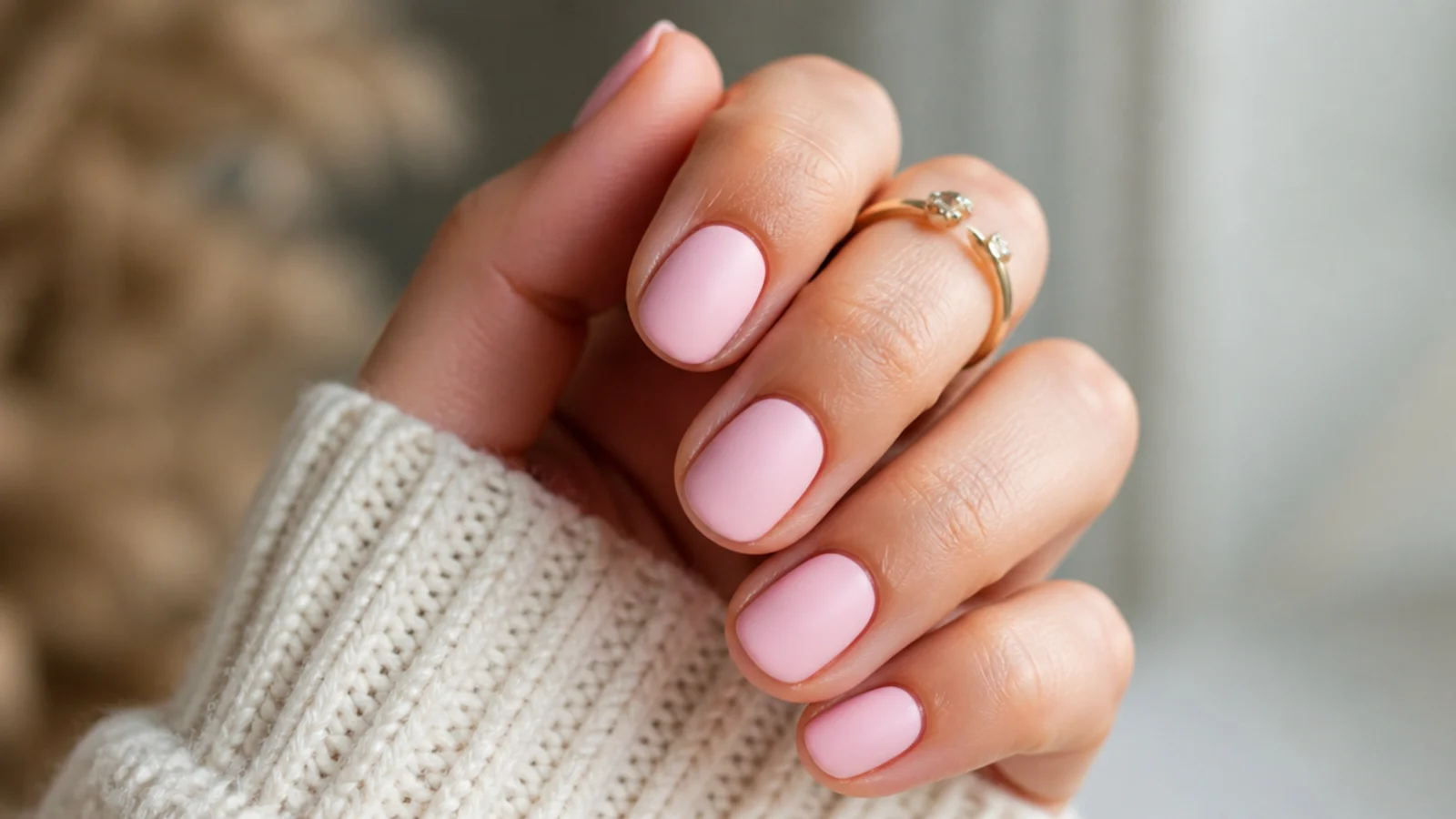 Pale baby pink matte nails on a round short shape