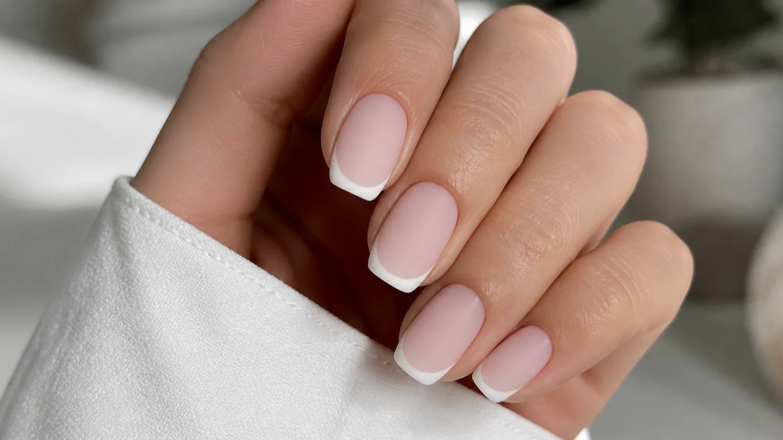 Nude pink matte nails with soft white French tips