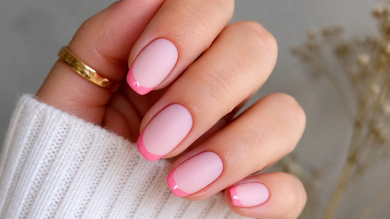 Soft pink matte nails with a glossy pink French tip