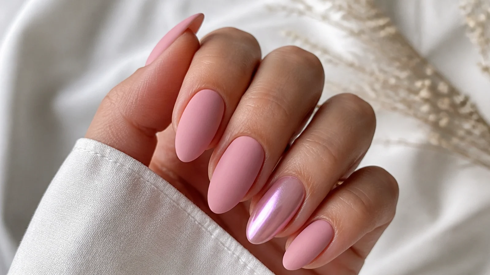 Soft pink matte nails with one pink pearl chrome accent nail