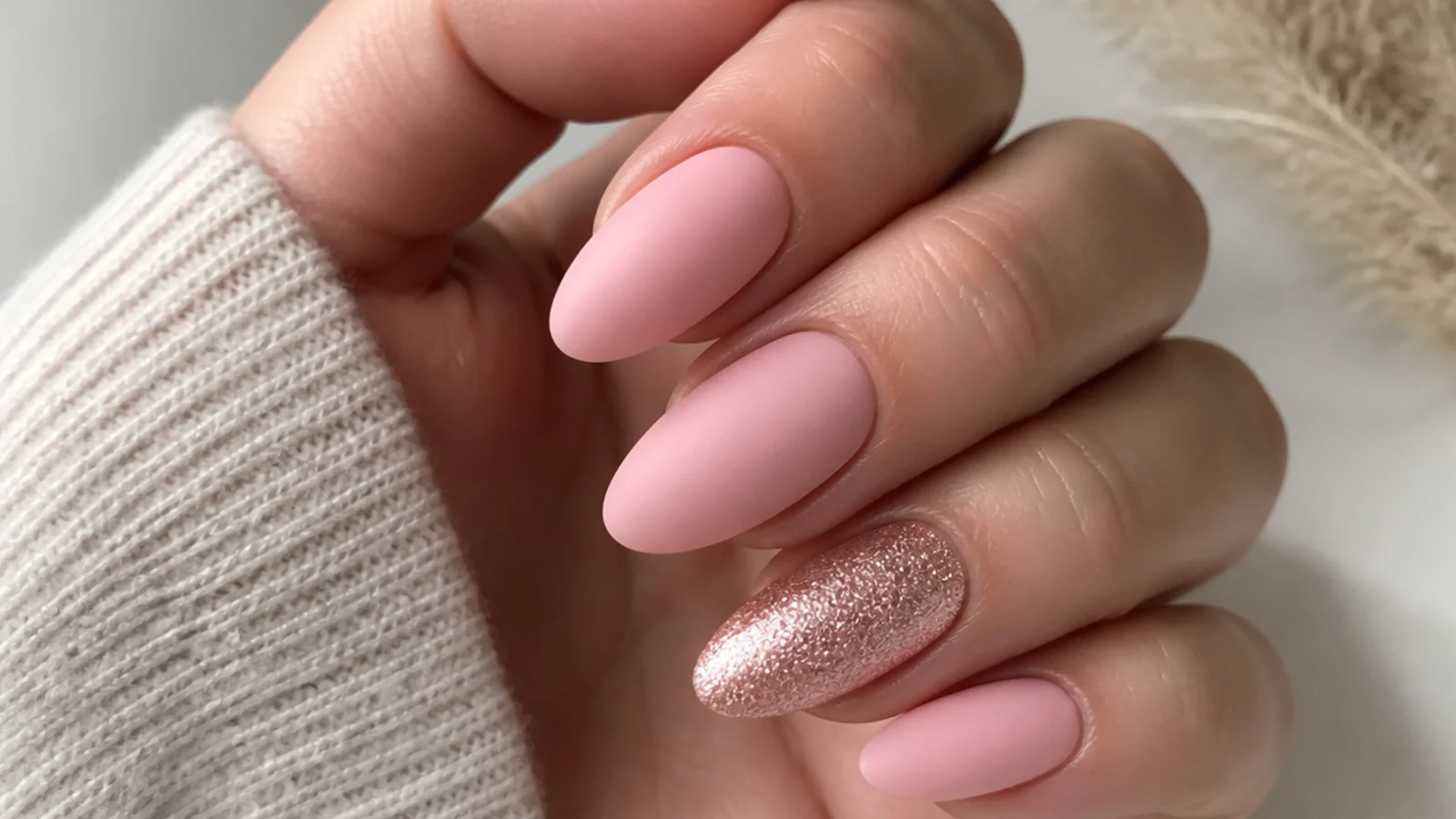 Soft pink matte nails with one rose gold glitter accent nail