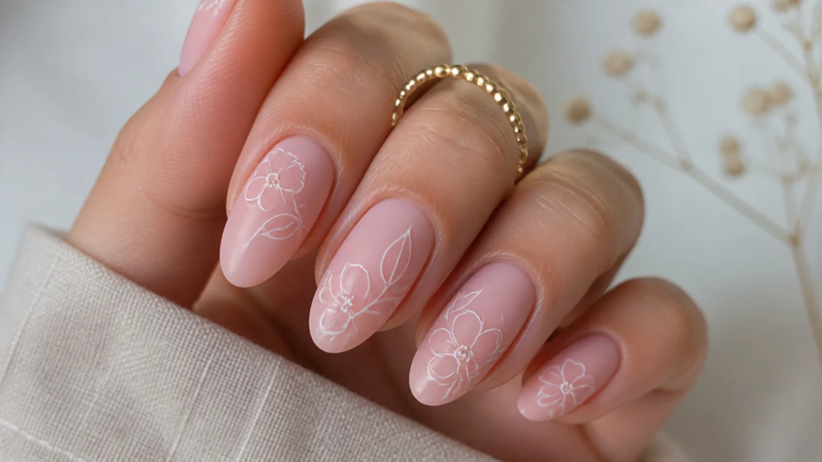 Soft pink matte nails with delicate white line-drawn flowers
