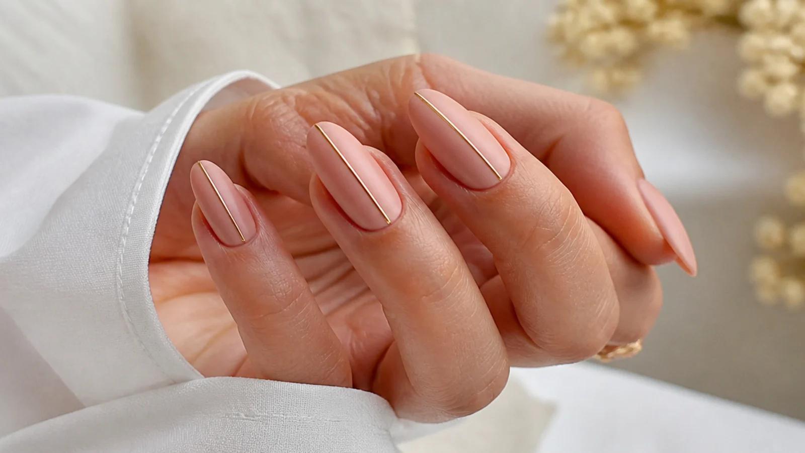 Soft pink matte nails with a thin gold striping line down the center