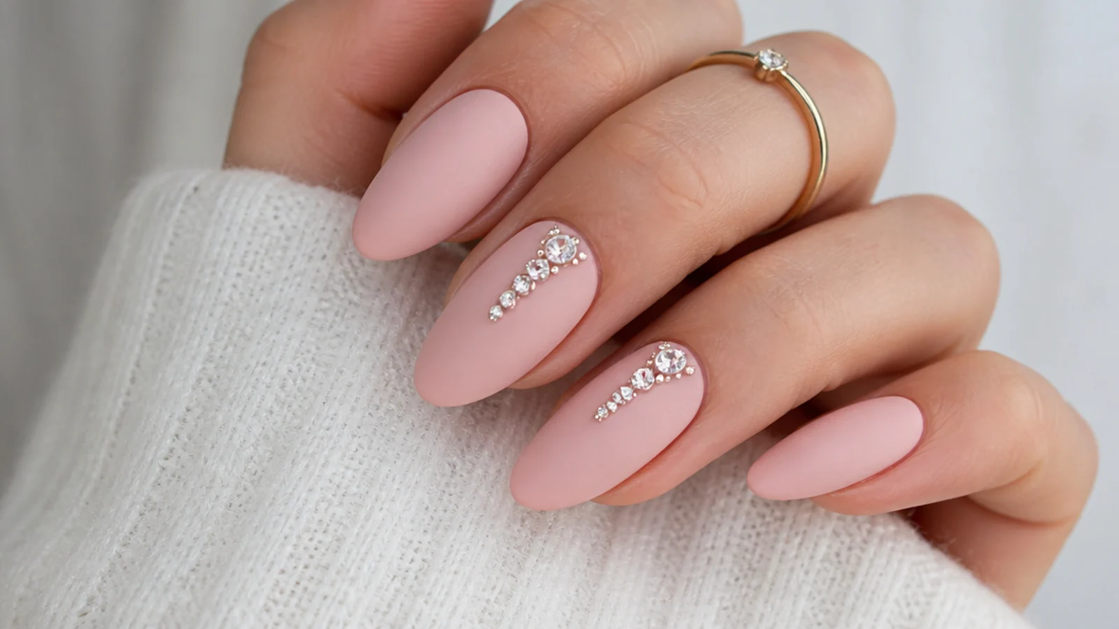 Soft pink matte nails with clear rhinestone cluster accents