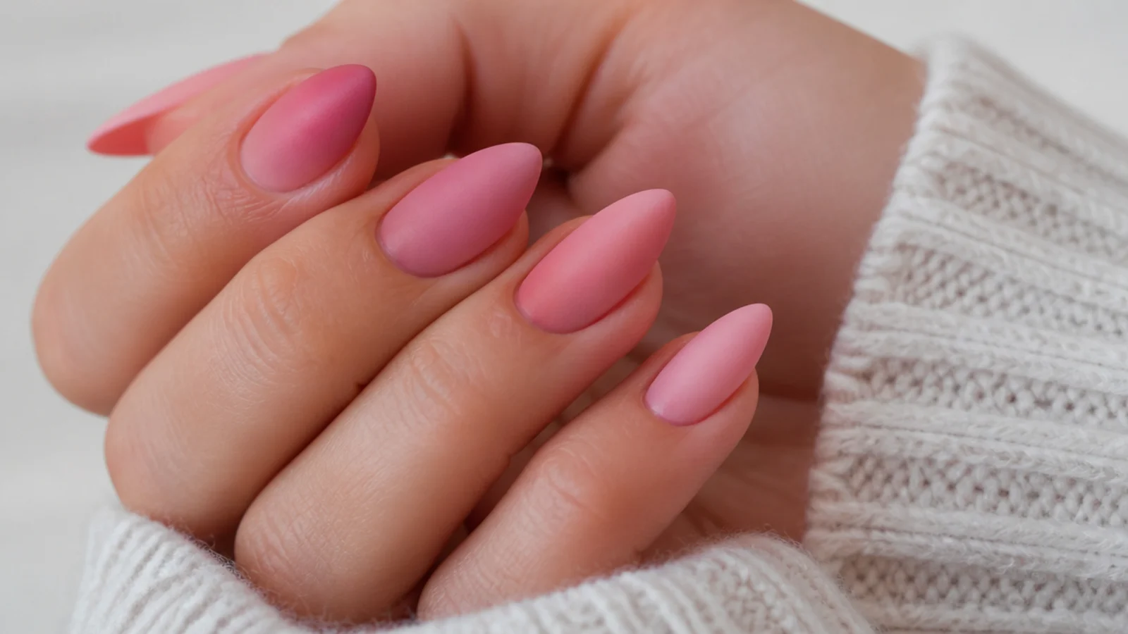 Matte pink ombre nails fading from deep rose to pale pink