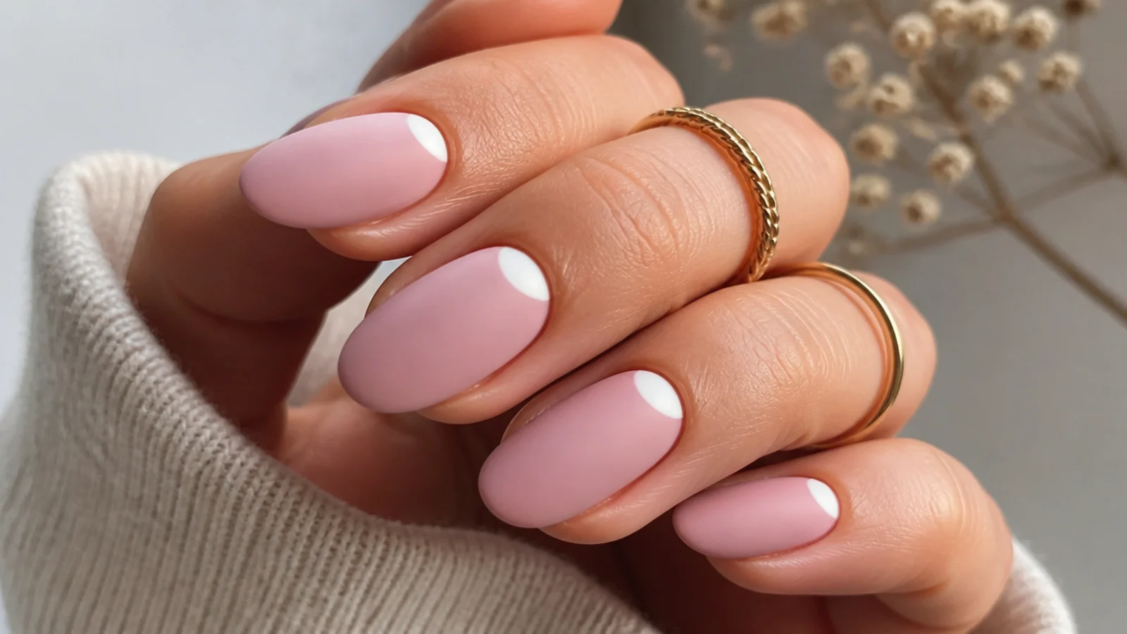 Soft pink matte nails with a white half-moon at the cuticle