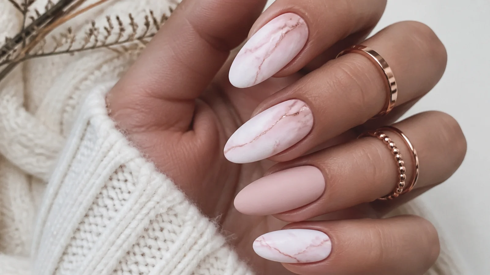 Soft pink and white marble nails with delicate veining in matte