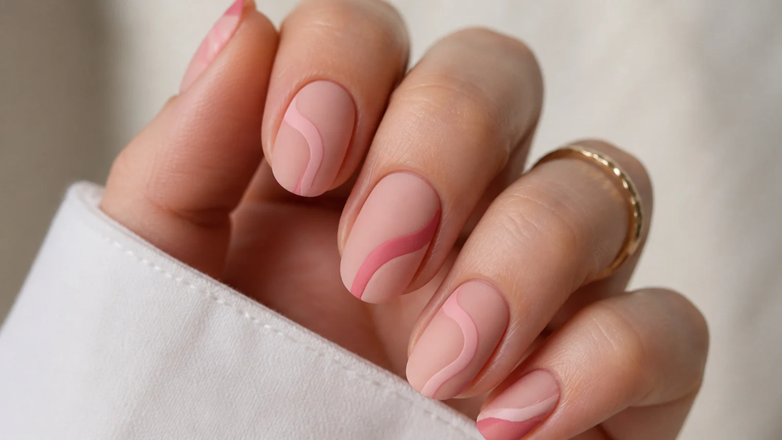Soft pink matte nails with pink and nude abstract swirl lines