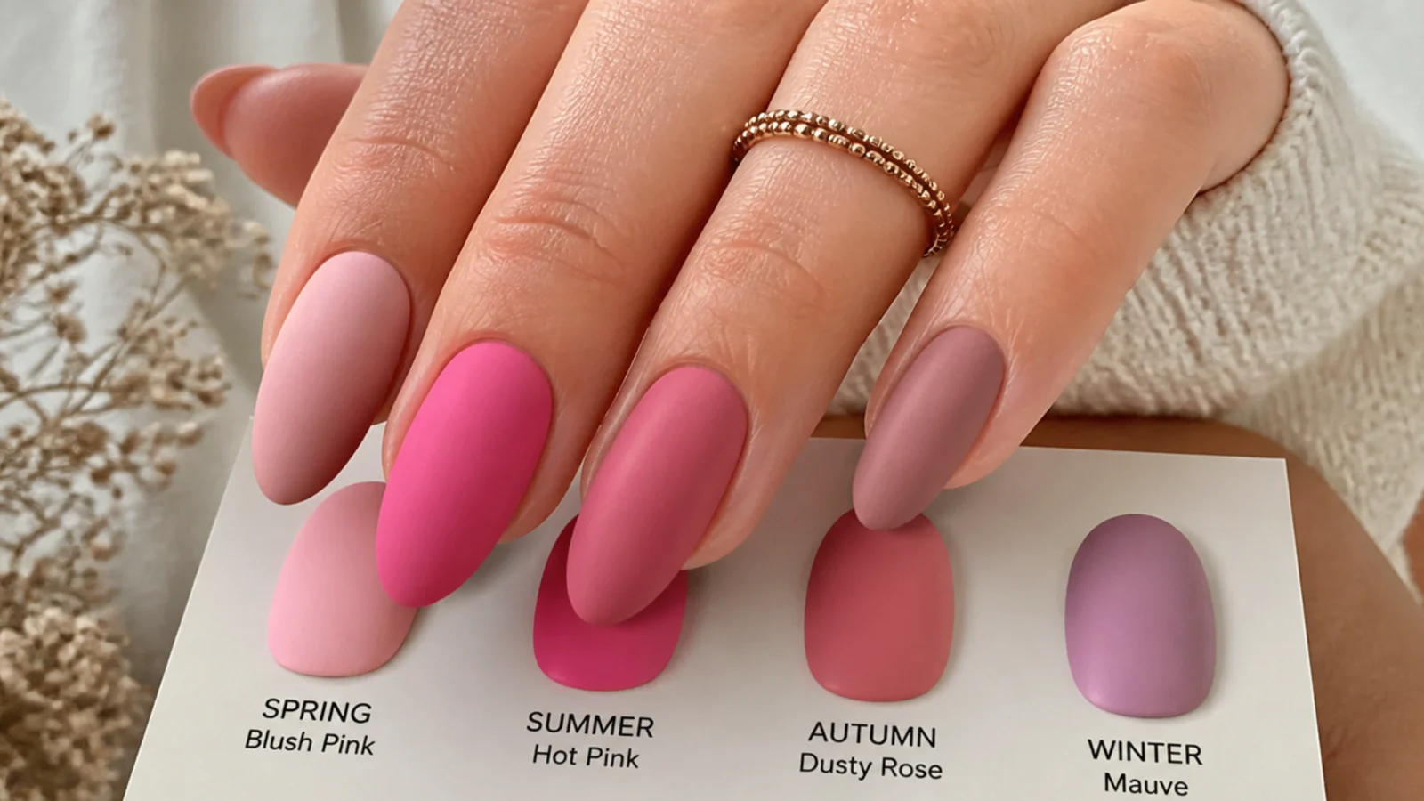 Matte pink nail swatches in blush, hot pink, dusty rose and mauve by season