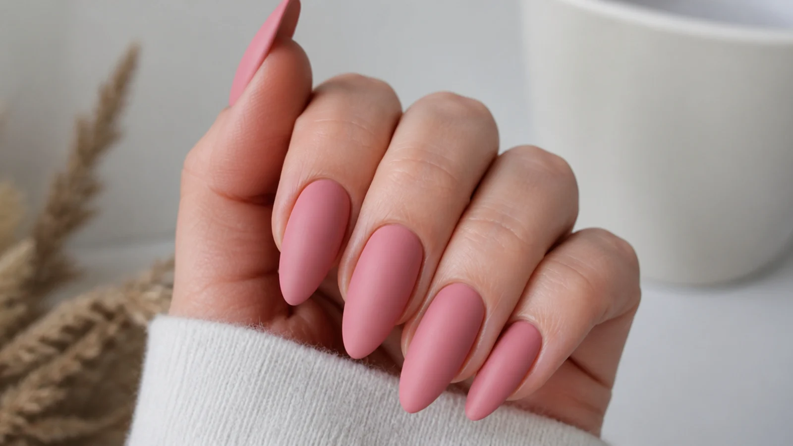 Soft matte pink nails on an almond shape with a velvety non-shiny finish