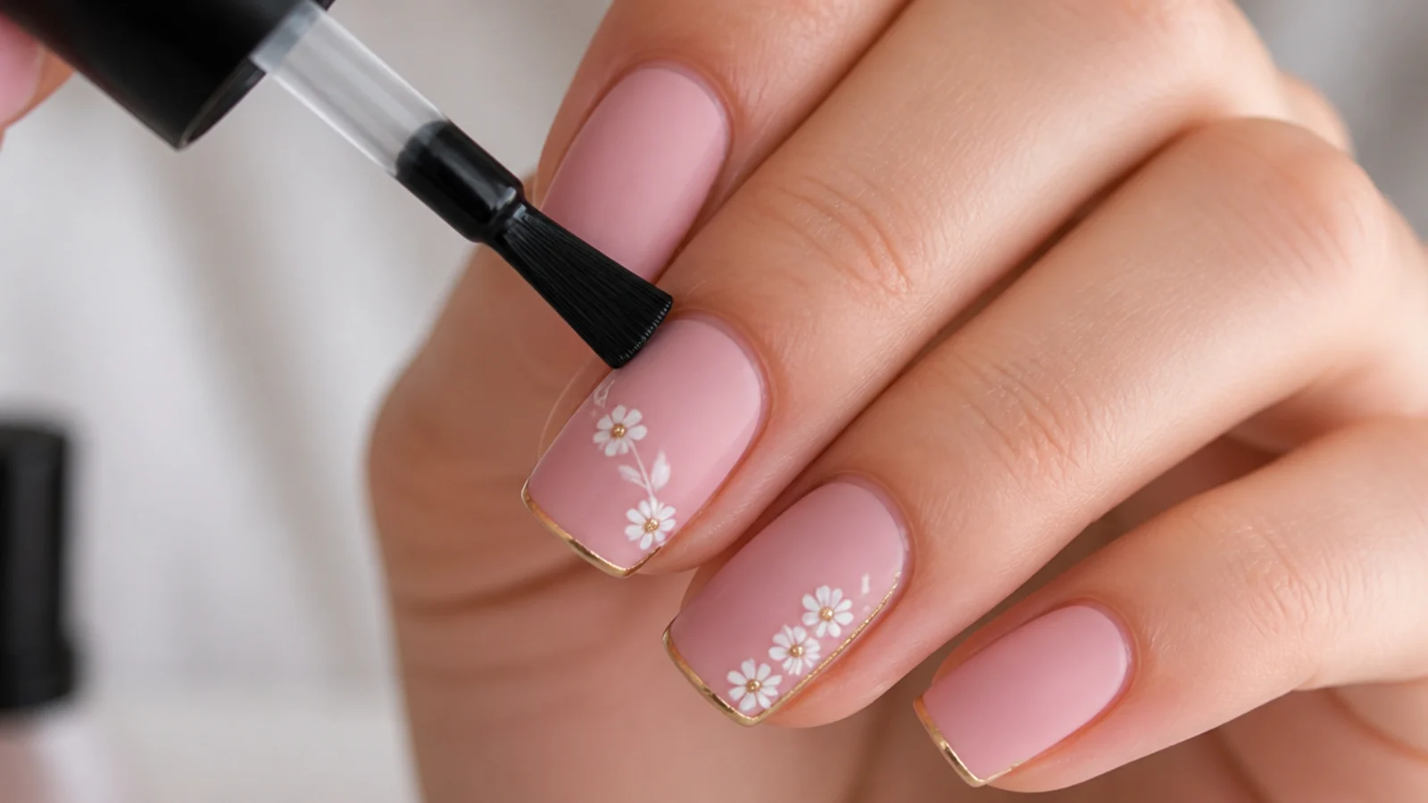 A matte gel top coat being brushed over pink gel before curing
