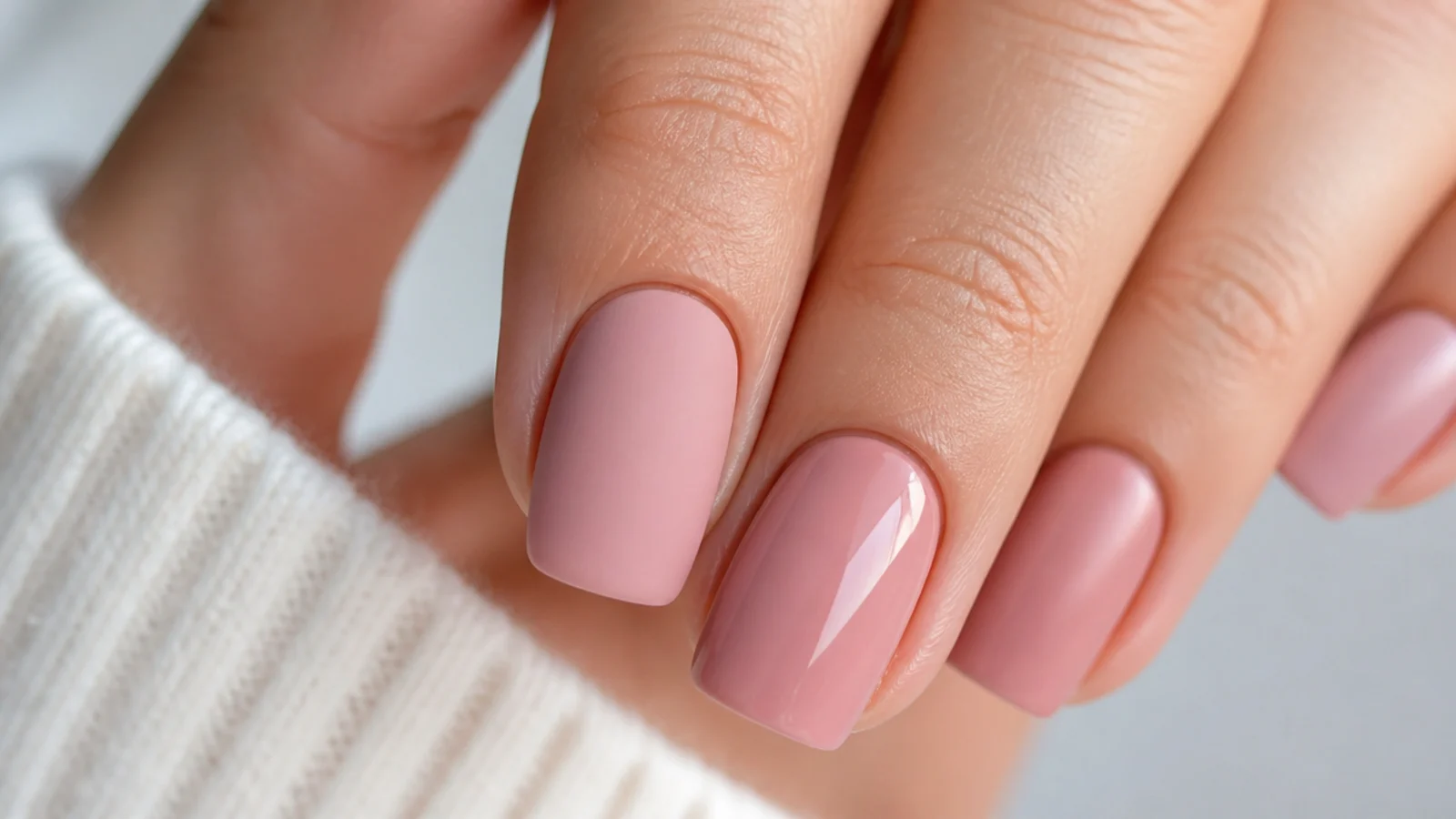 One matte pink nail beside one glossy pink nail for comparison