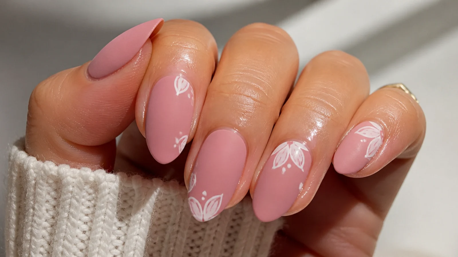 Cuticle oil applied around the nail, not across the matte pink surface