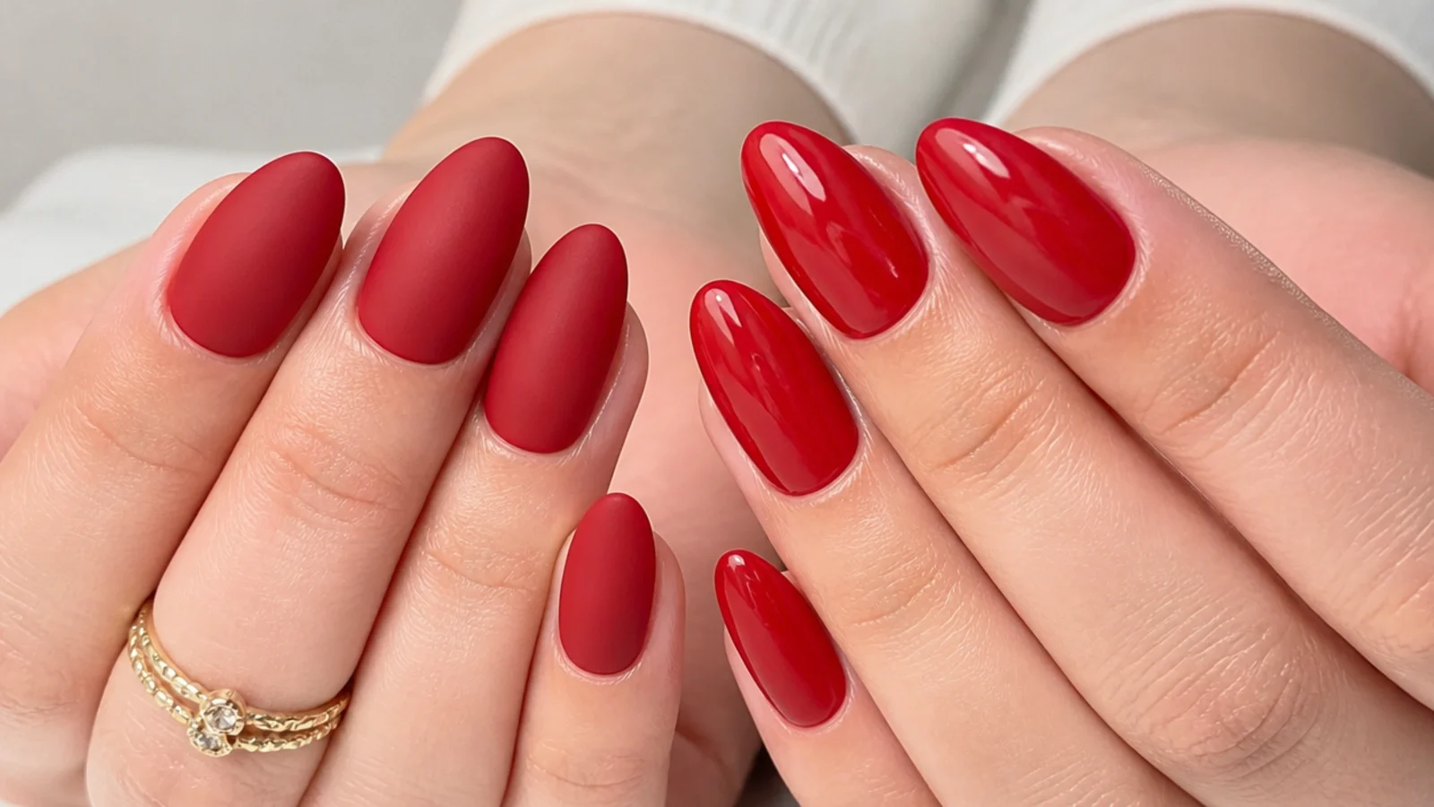Matte red nails beside glossy red nails on an almond shape