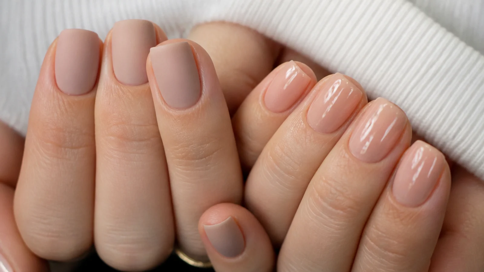 Matte nude nails beside glossy nude nails on a short squoval shape