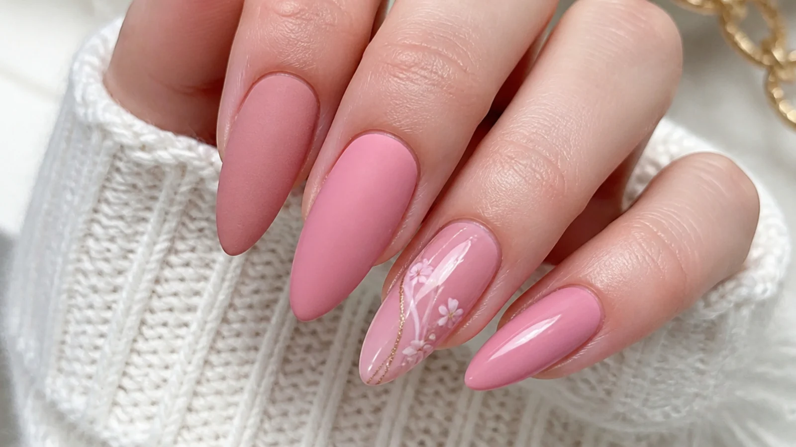 Matte pink nails beside glossy pink nails on an almond shape