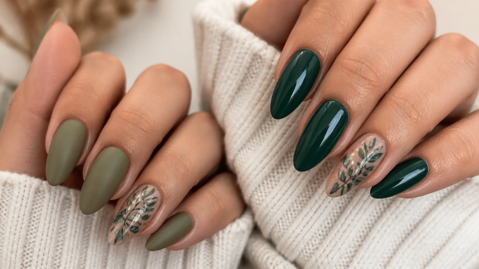 Matte olive green nails beside glossy emerald green nails on an almond shape
