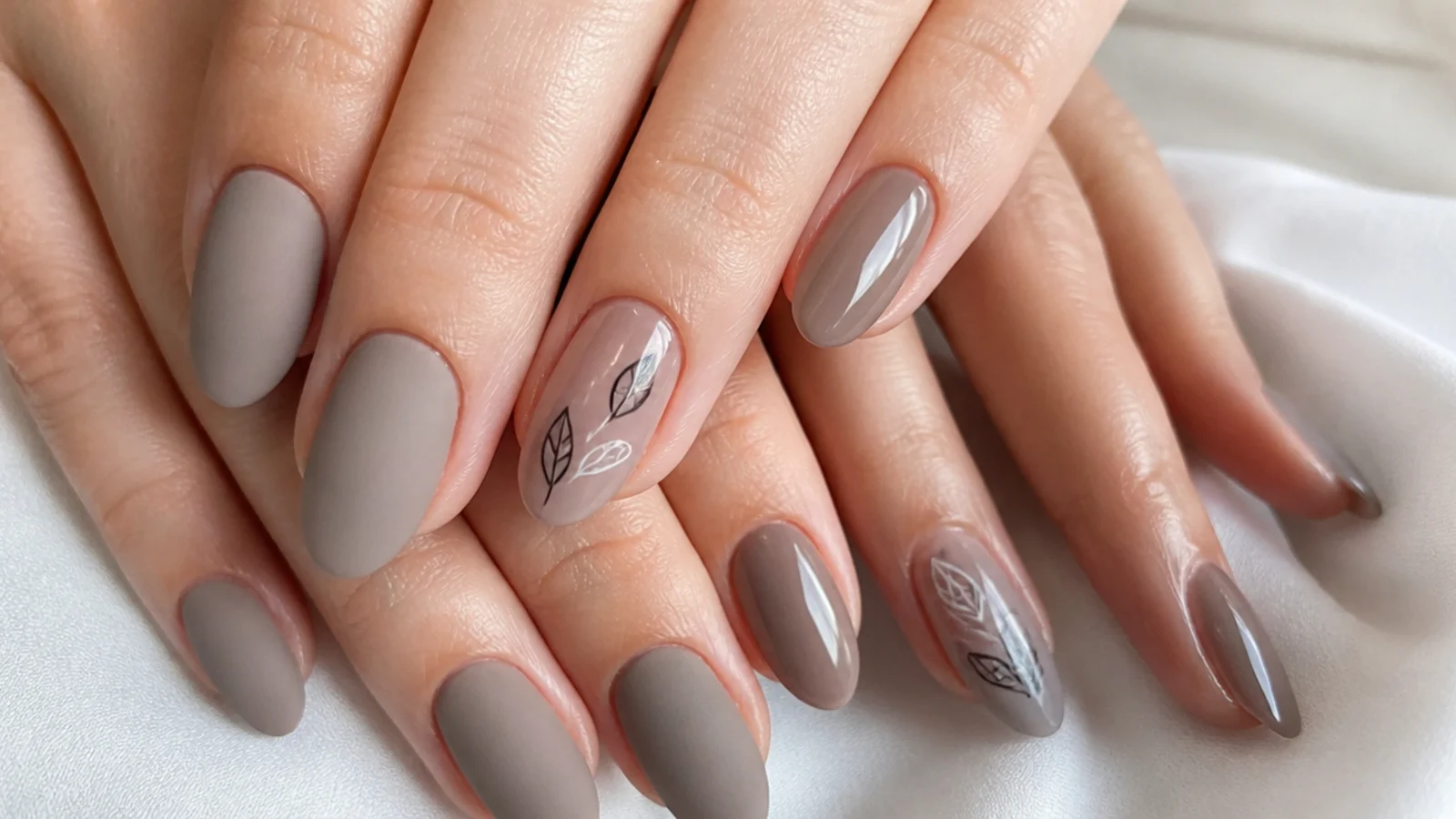 Matte taupe nails beside glossy taupe nails on a short almond shape