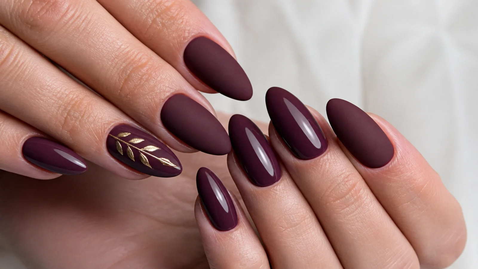 Matte plum nails beside glossy plum nails on an almond shape