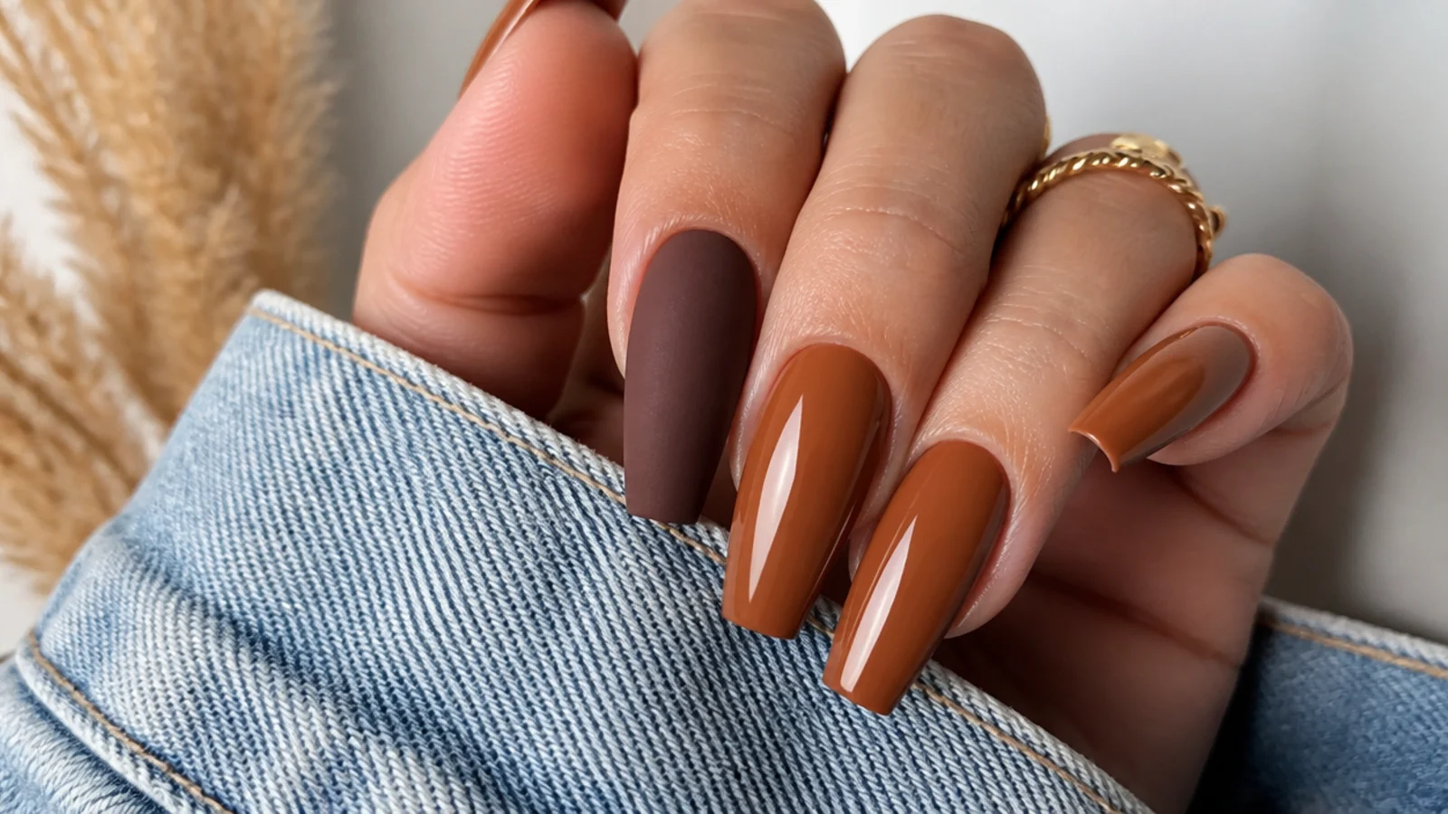 Matte caramel brown nails beside glossy caramel nails on a coffin shape