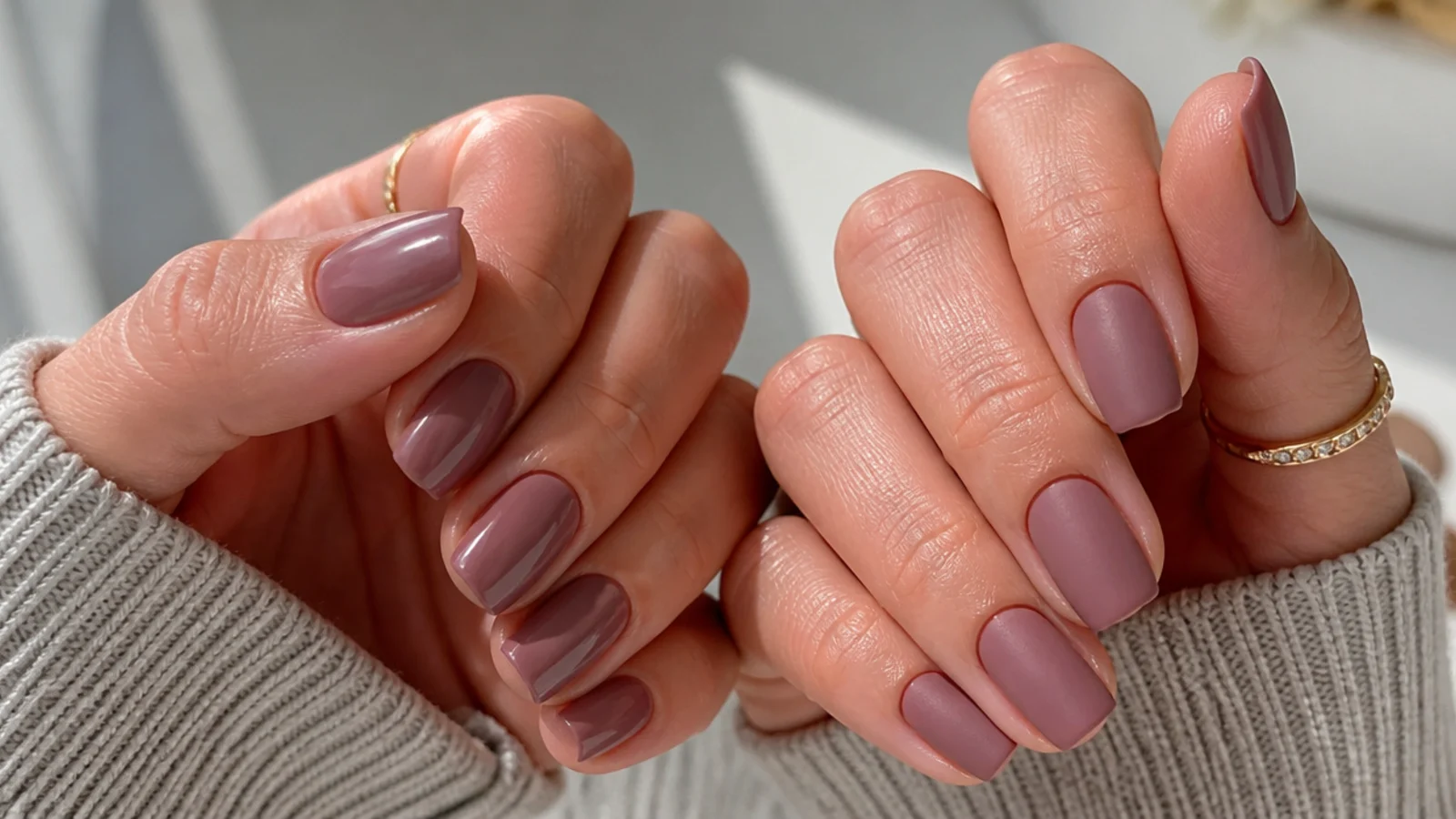 Matte mauve nails beside glossy mauve nails on a short squoval shape