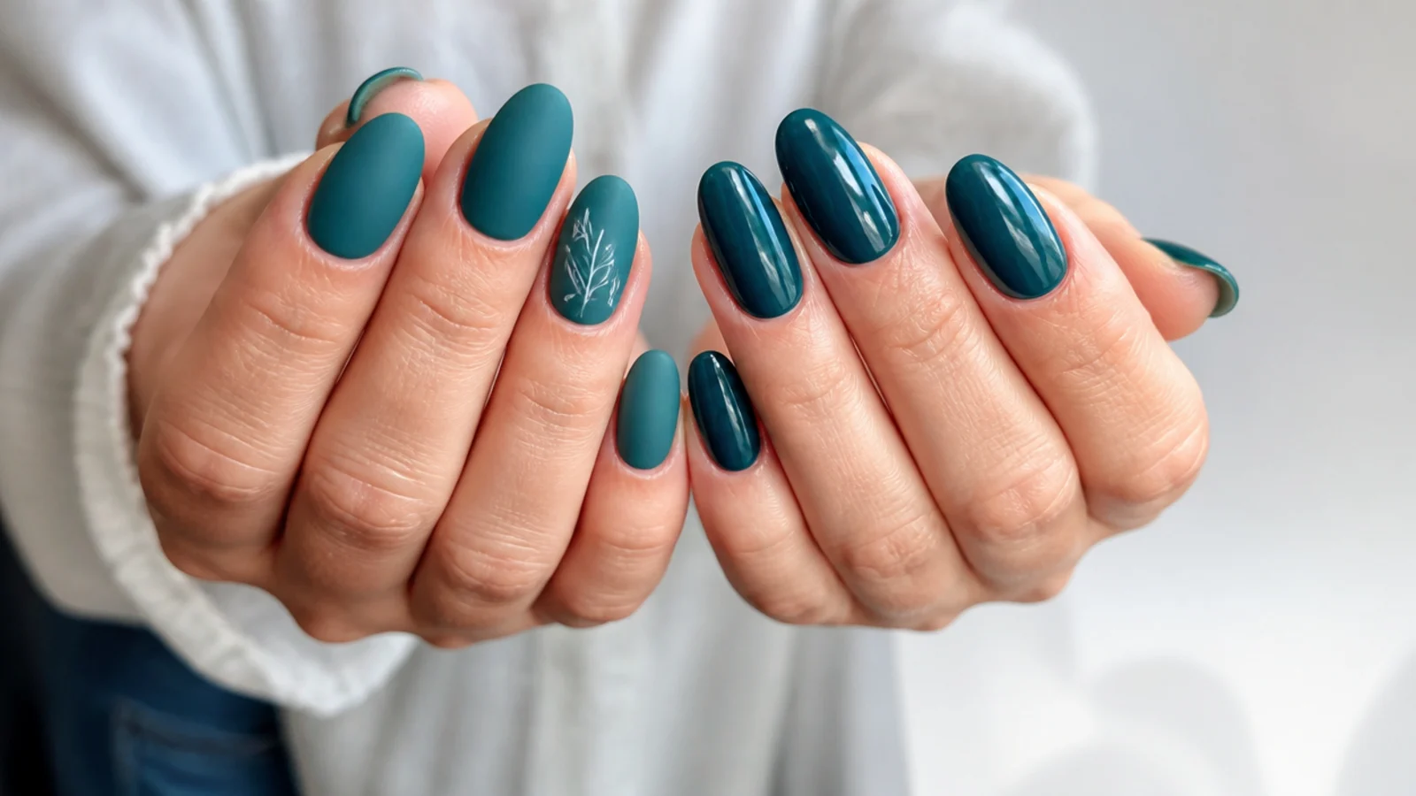 Matte teal nails beside glossy teal nails on an almond shape