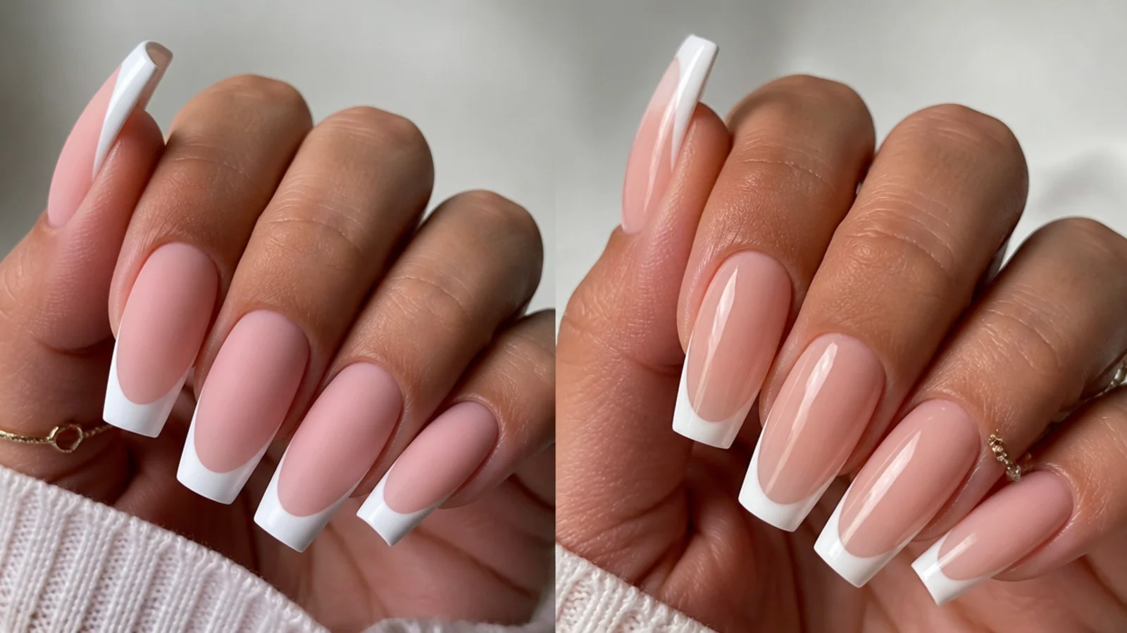 Matte French tip nails beside glossy French tip nails on a coffin shape