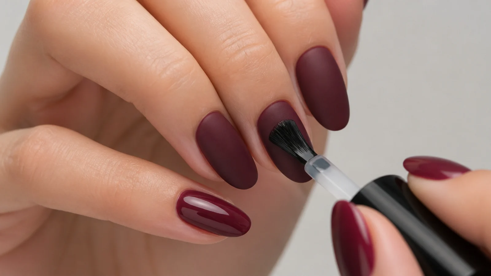 A matte gel top coat brushed over cured color turning a nail flat and velvety