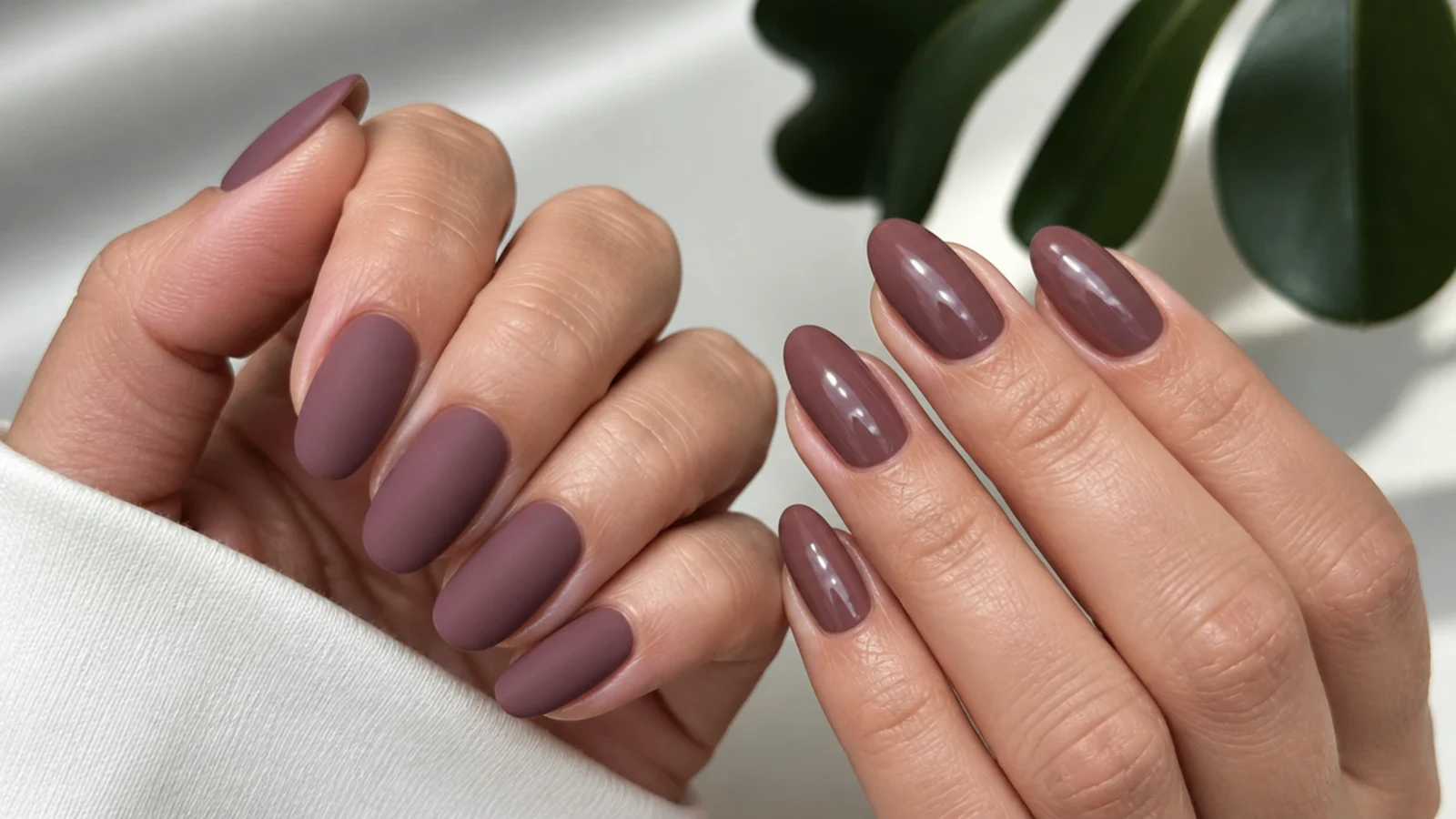 One hand matte and one hand glossy in the same shade showing the contrast