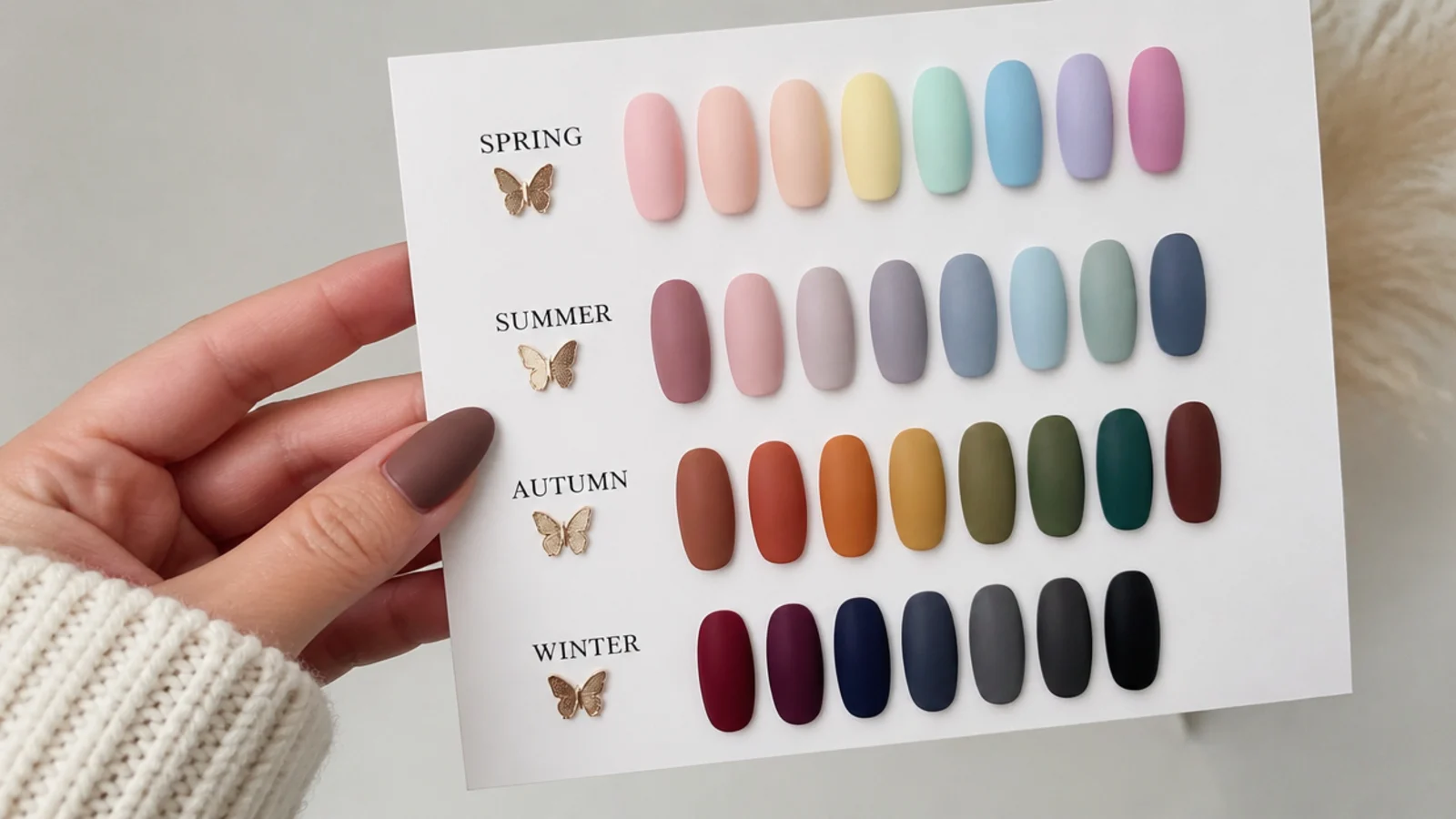 Matte swatches grouped by season from soft pastels to deep fall tones