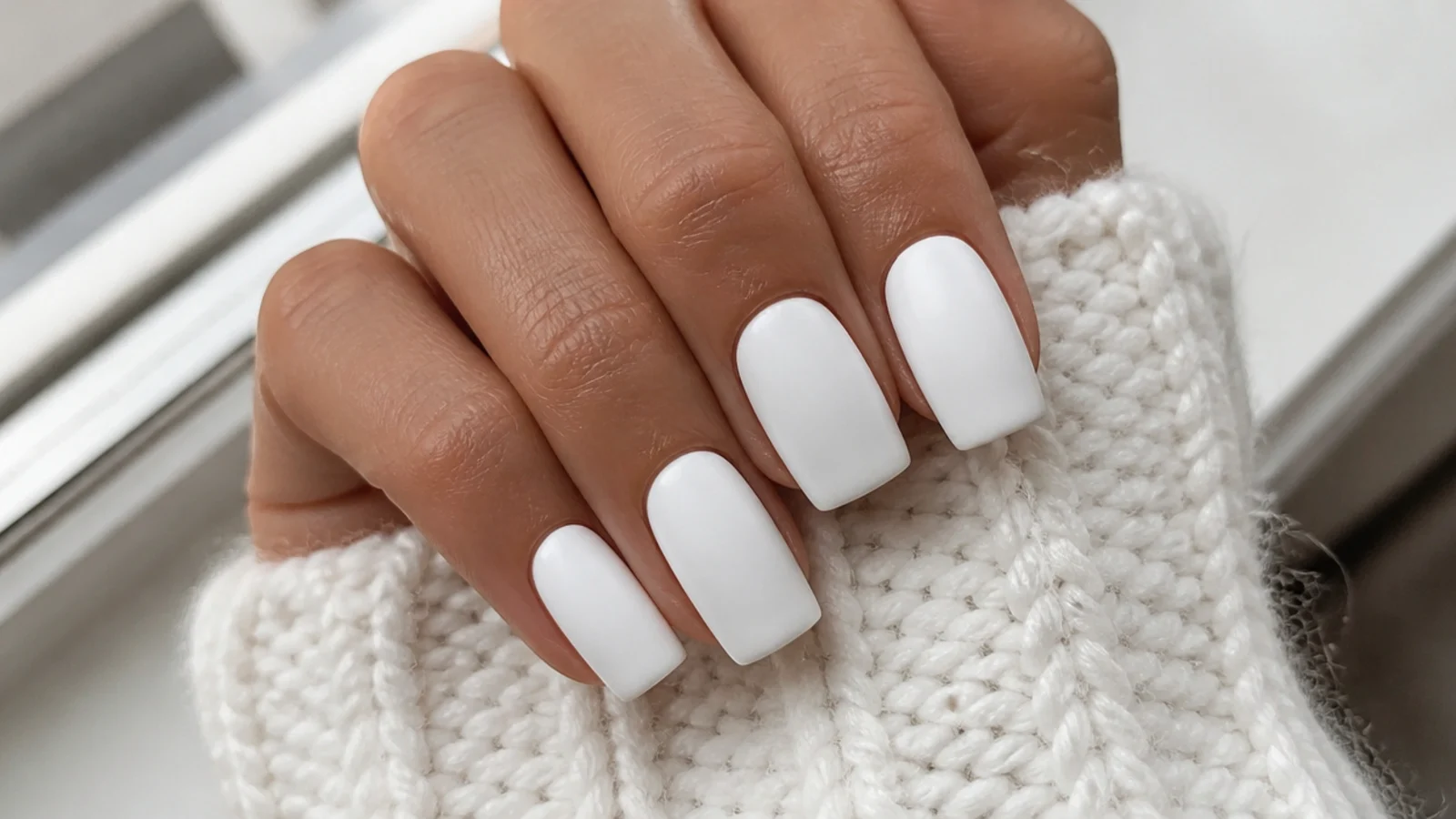Fully opaque matte snow white nails on a square shape